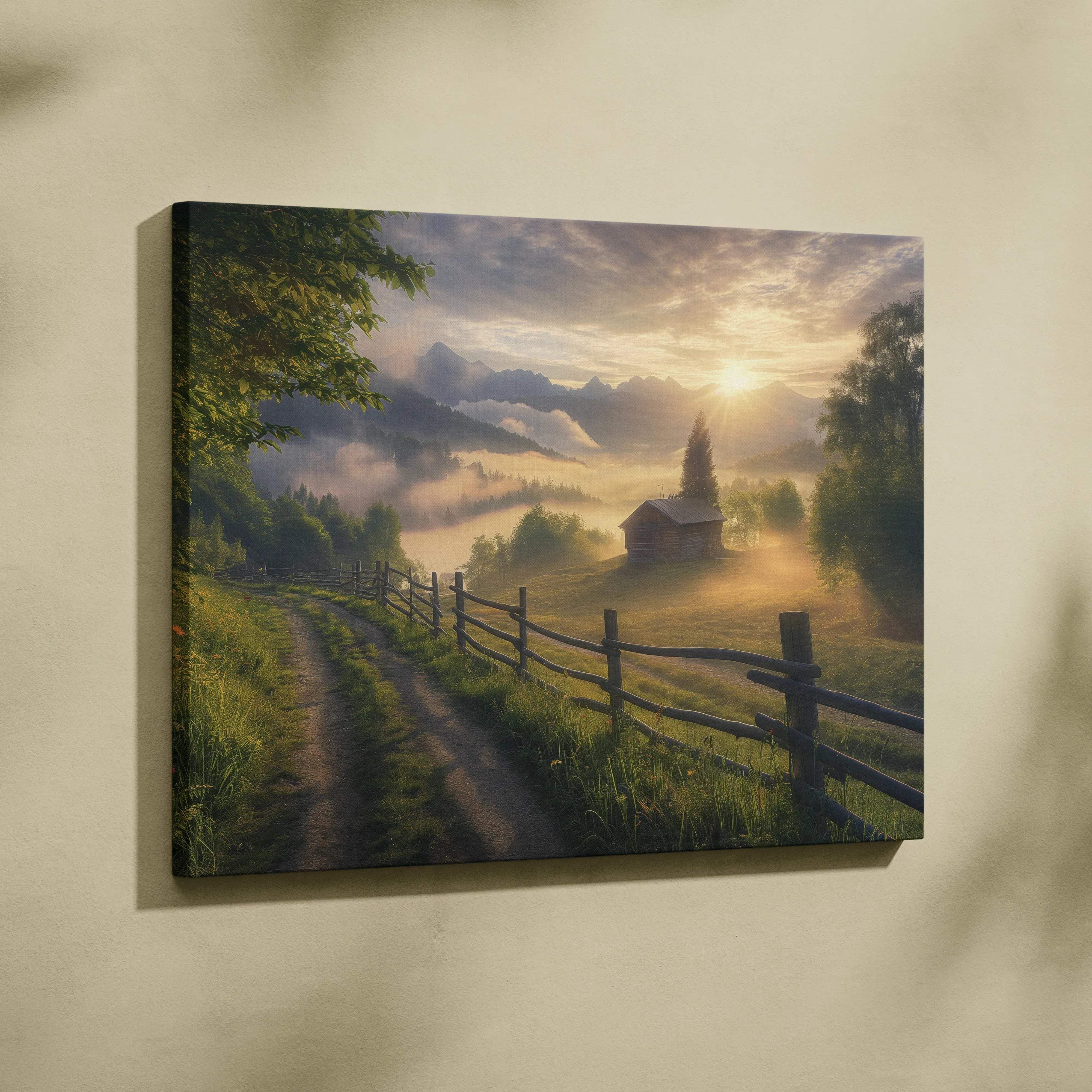 Canvas wall art featuring a rustic wooden fence along a misty rural path at golden hour landscape forest sunset