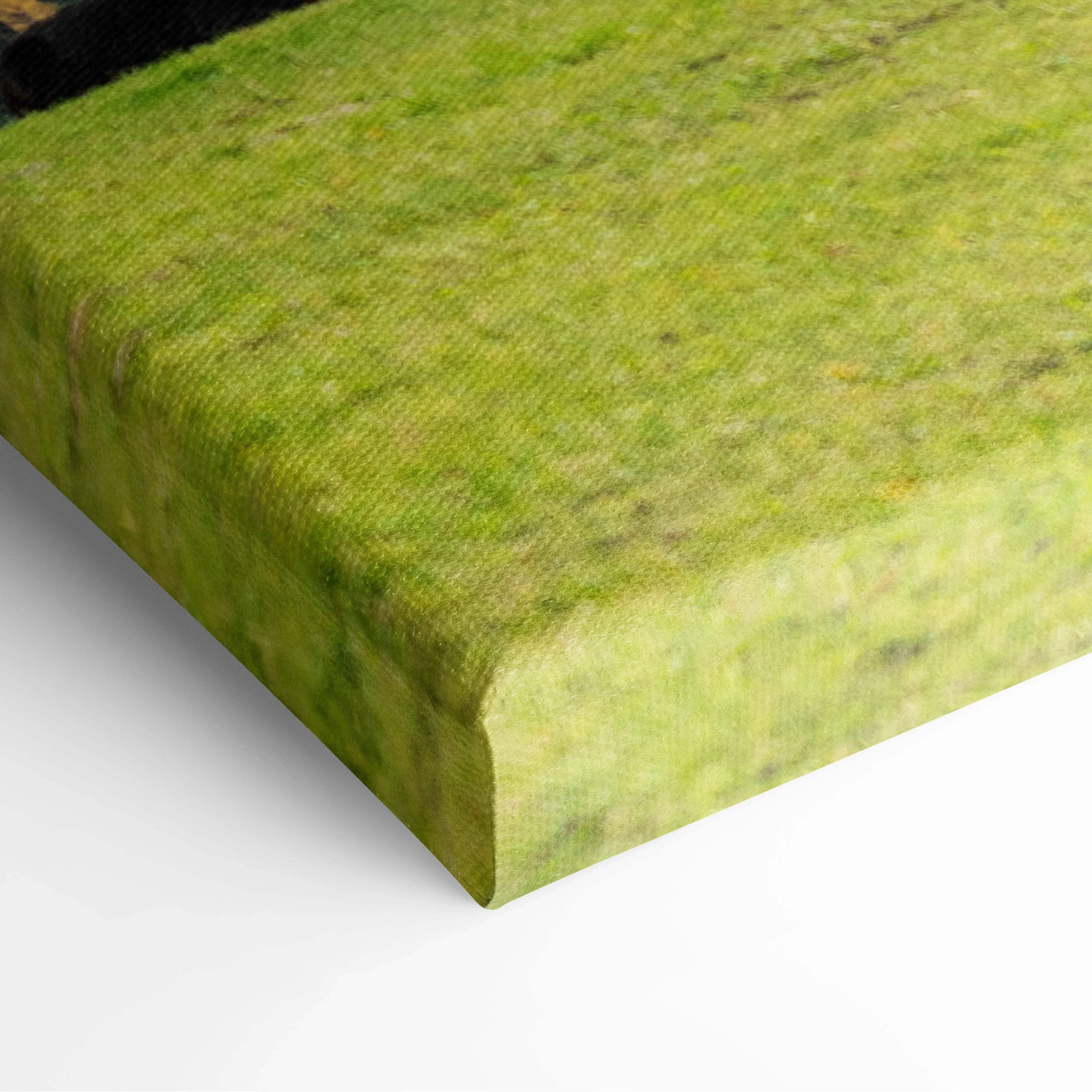 Green canvas print of textured grassy field with cows in Dolomites meadow