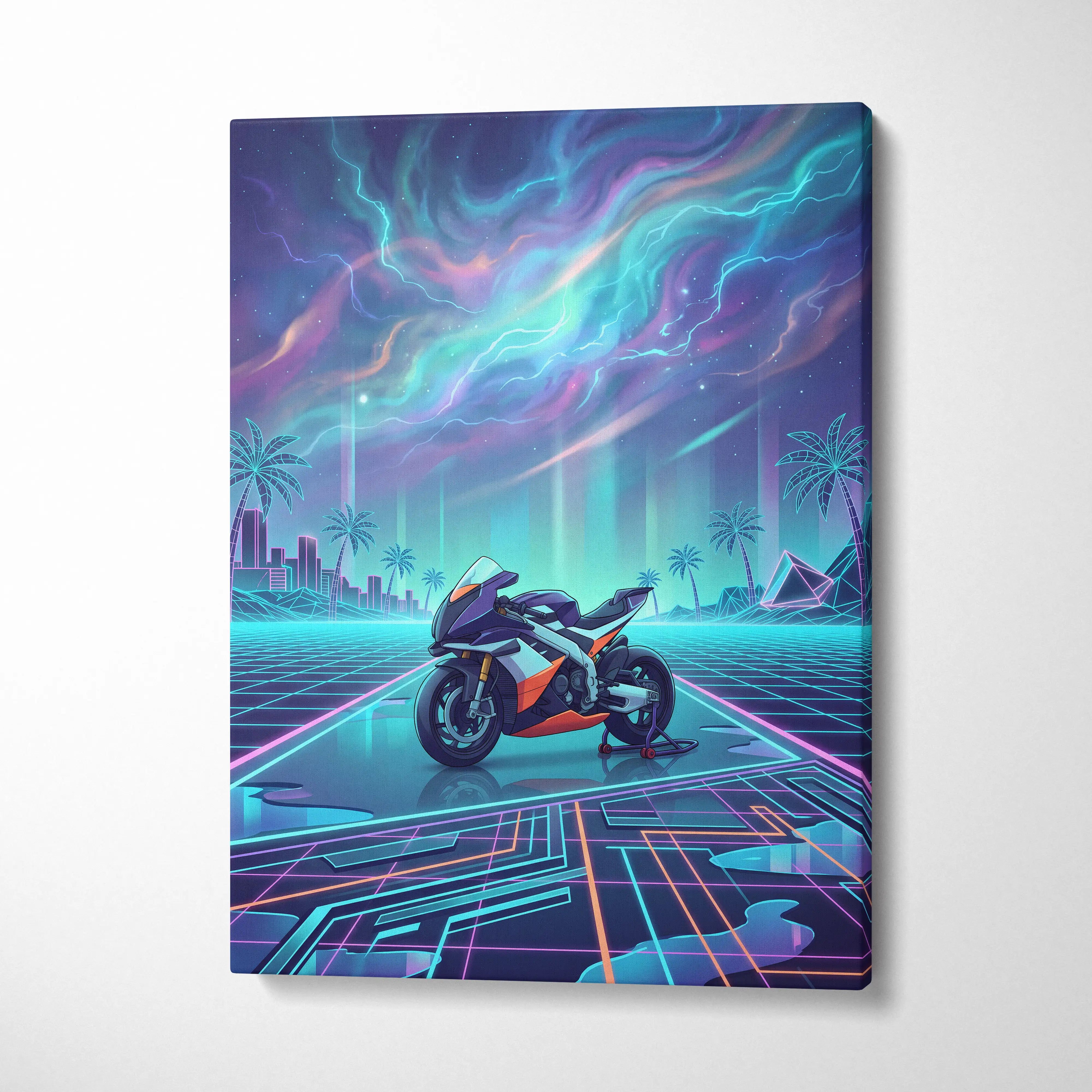 Aprilia rsv4 xtrenta inspired orange and black sport motorcycle canvas print with neon cityscape and palm trees background