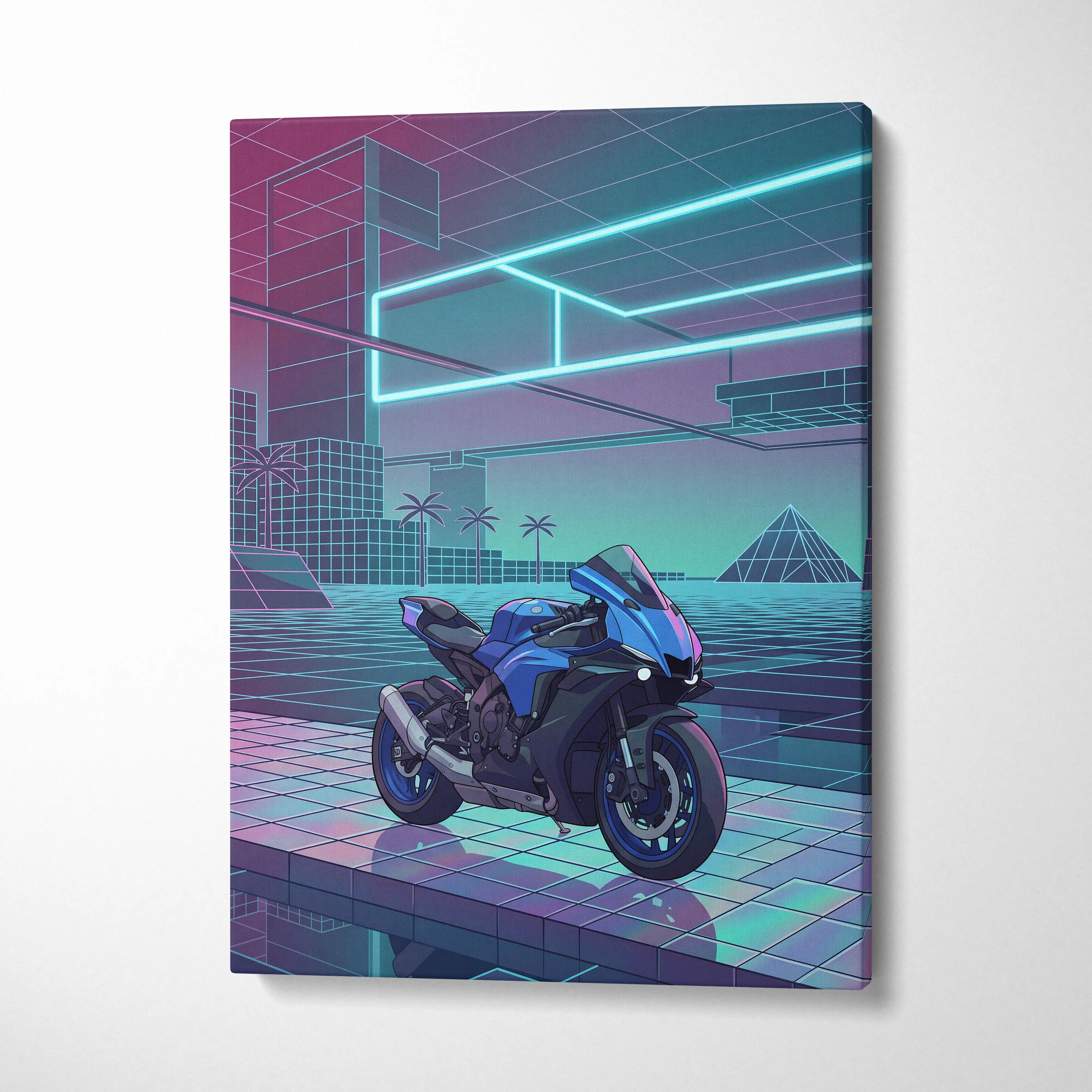 Yamaha YZF-R1 Inspired Blue Purple Motorcycle Canvas Wall Art Vaporwave Neon Sportbike Garage Decor Retro Futuristic Racing Artwork