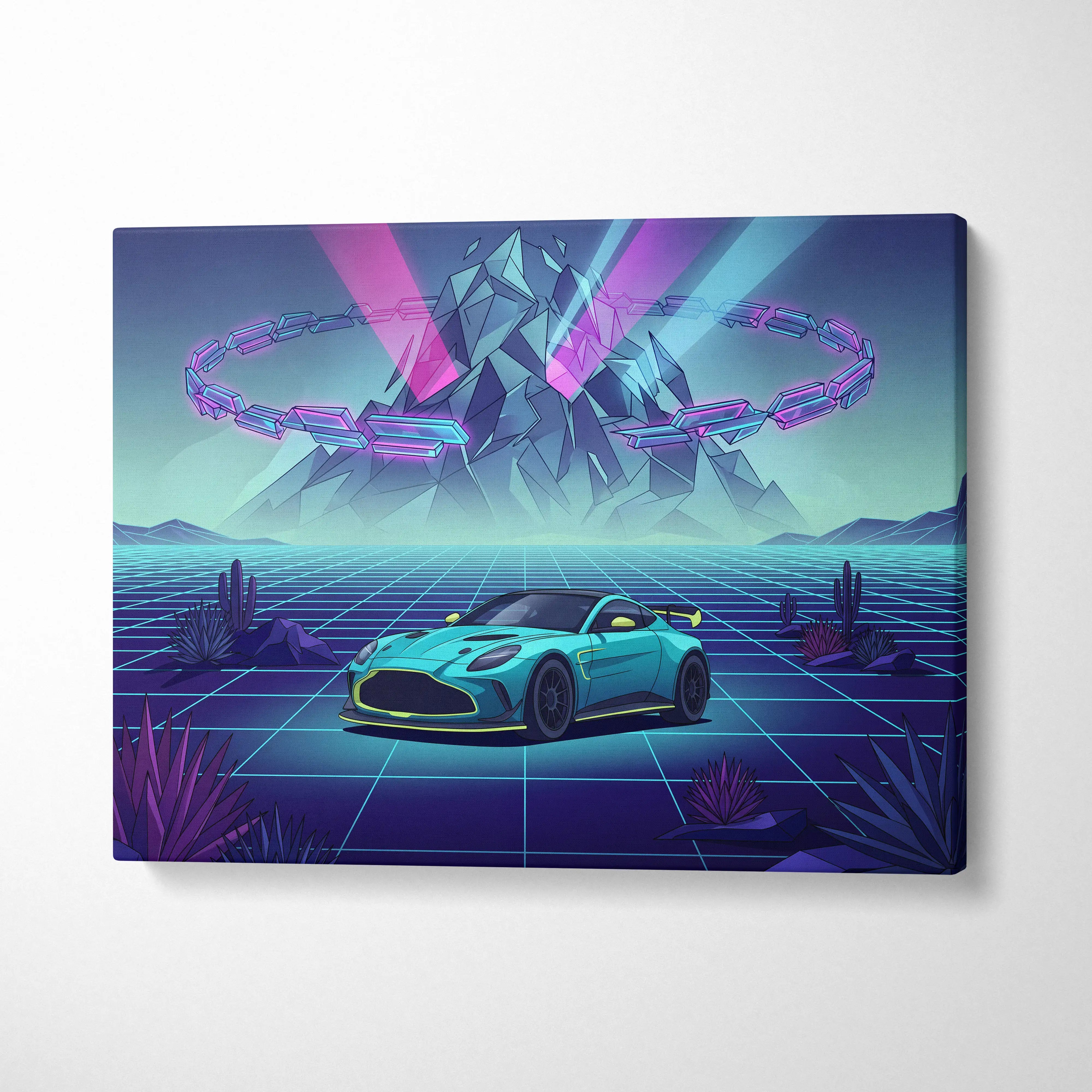 Aston Martin Vantage GT3 Inspired Vaporwave Car Canvas - Vaporwave Car Art Neon Pink Blue Retro Futurism Mood Nostalgic Neon Modern Wall Decor Canvas