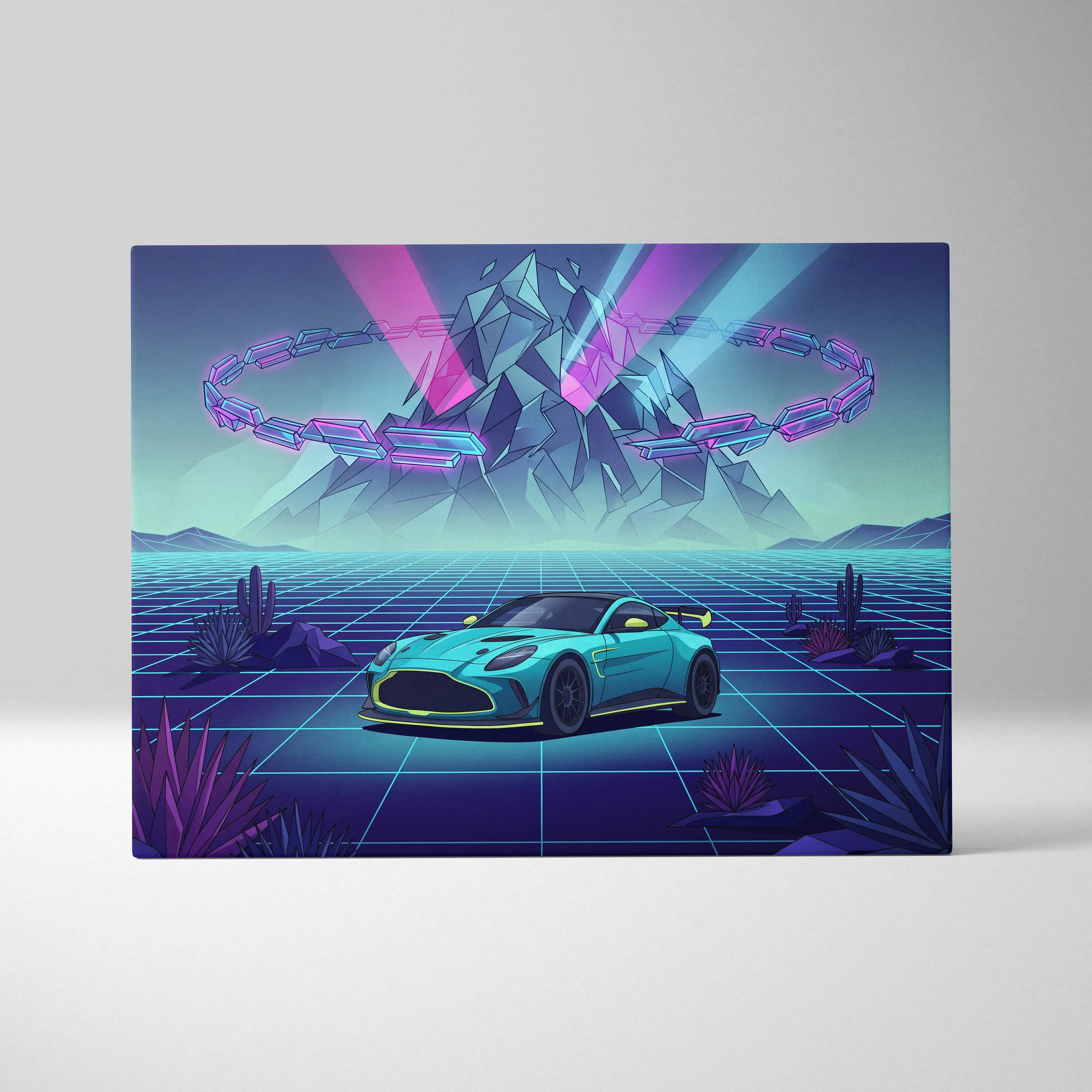 Aston Martin Vantage GT3 Inspired Vaporwave Car Canvas - Vaporwave Car Art Neon Pink Blue Retro Futurism Mood Nostalgic Neon Modern Wall Decor Canvas