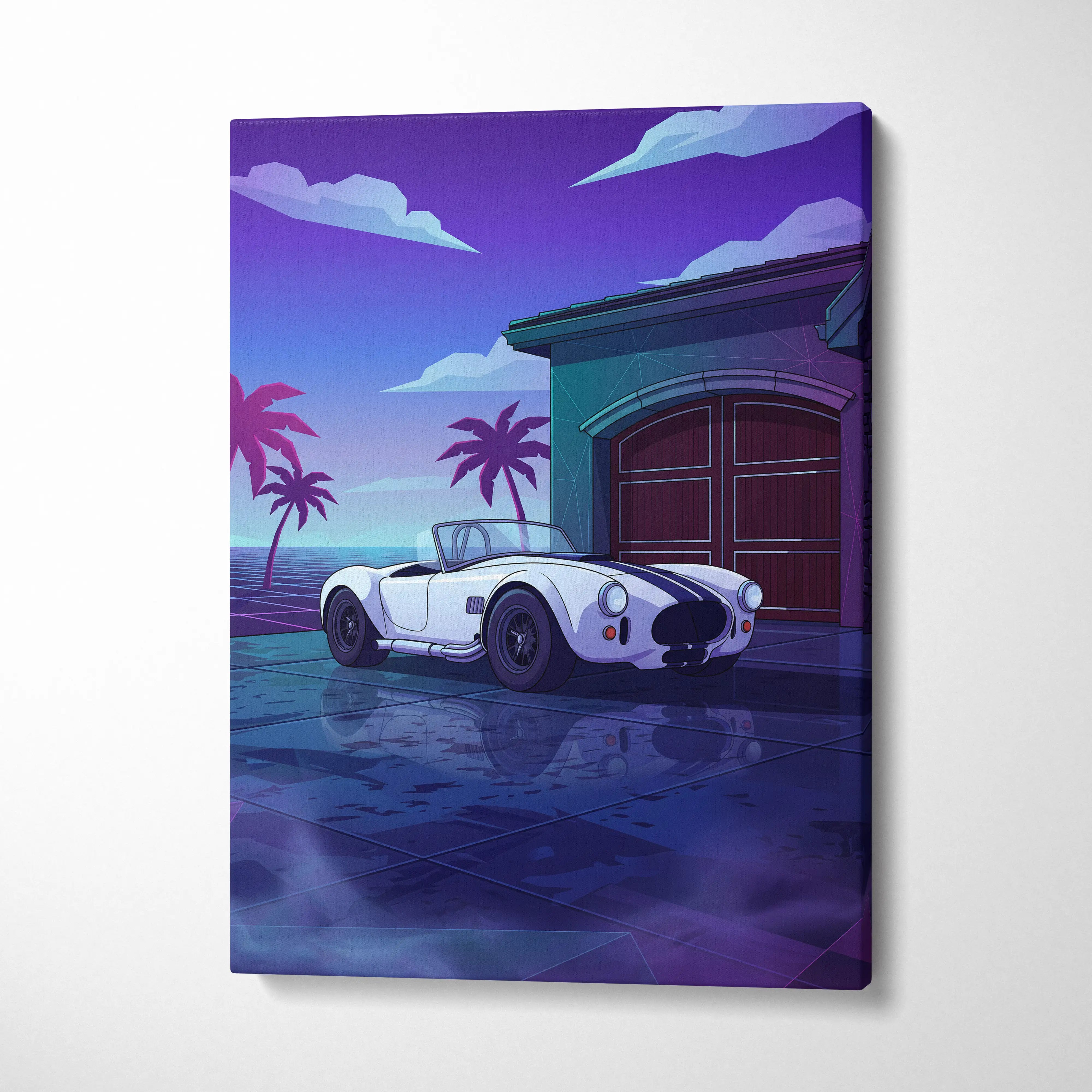 Shelby Cobra Inspired White Blue Coastal Canvas Wall Art Vaporwave Classic Car Artwork, Neon Palm Garage Decor Retro Futuristic Print