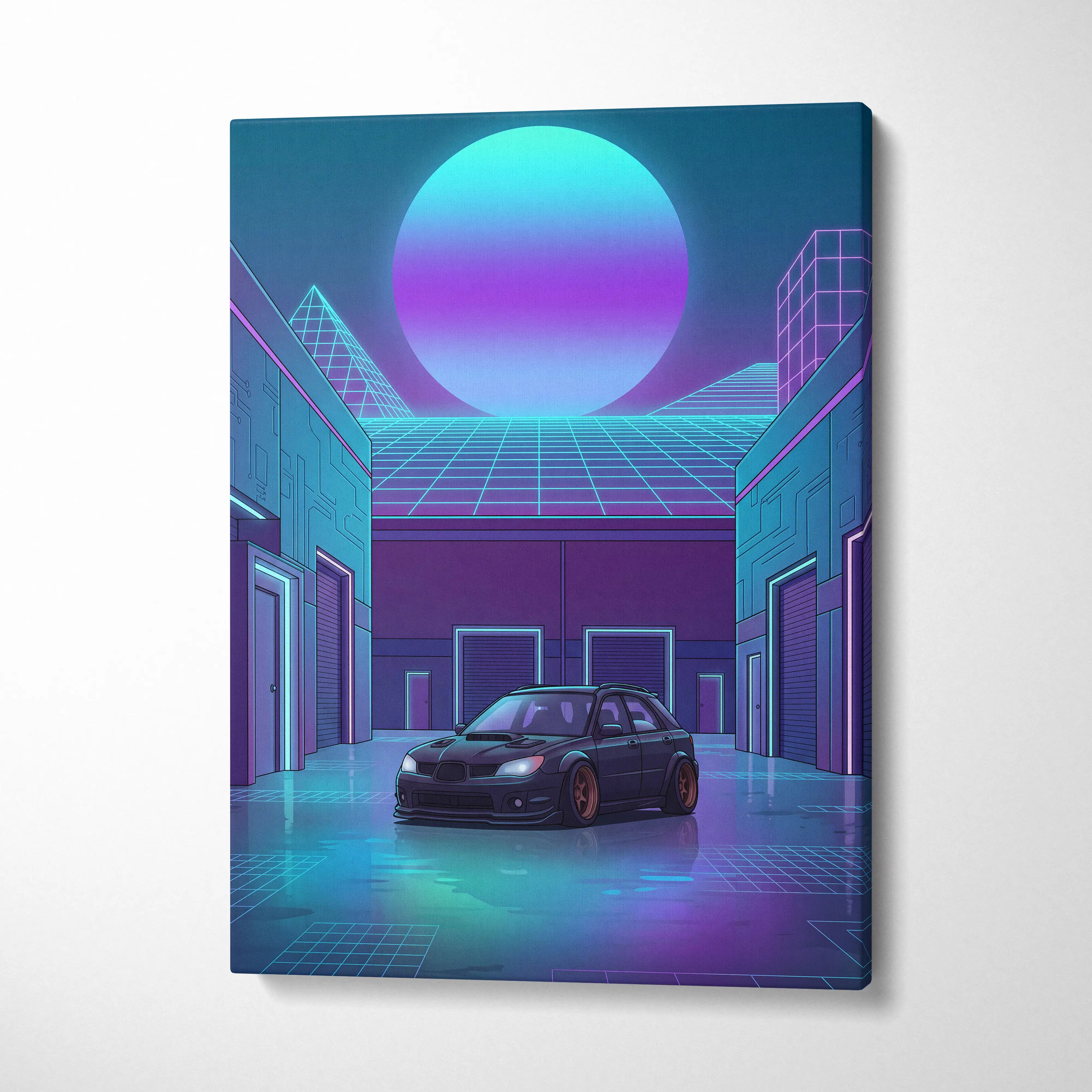 Subaru WRX STI Hatchback Inspired Blue Purple Canvas Wall Art Vaporwave JDM Car Artwork, Neon Cyberpunk Garage Decor Print