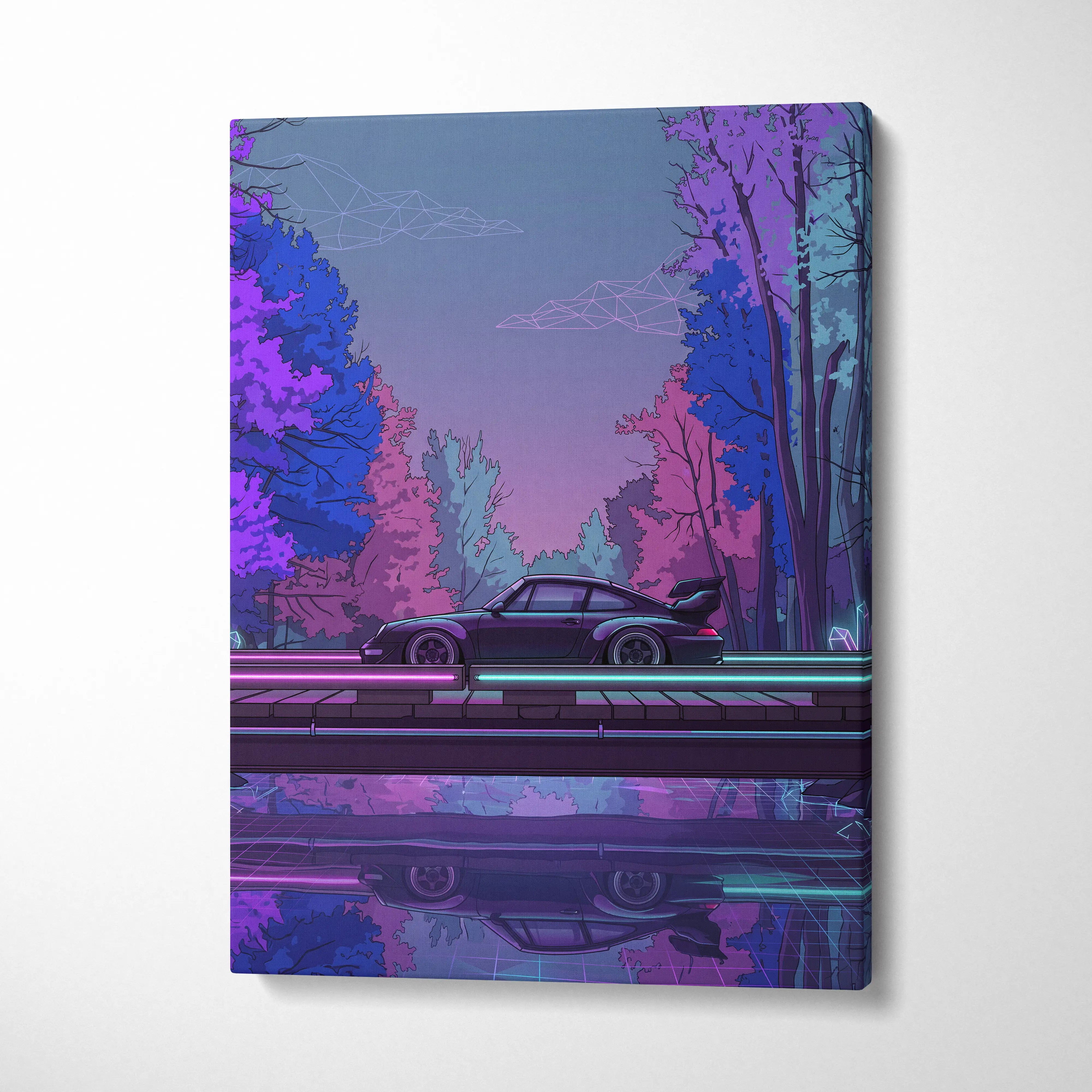 RWB Porsche 911 Inspired Purple Blue Forest Canvas Wall Art Vaporwave Neon Sports Car Artwork, Moody Cyberpunk Garage Decor Print