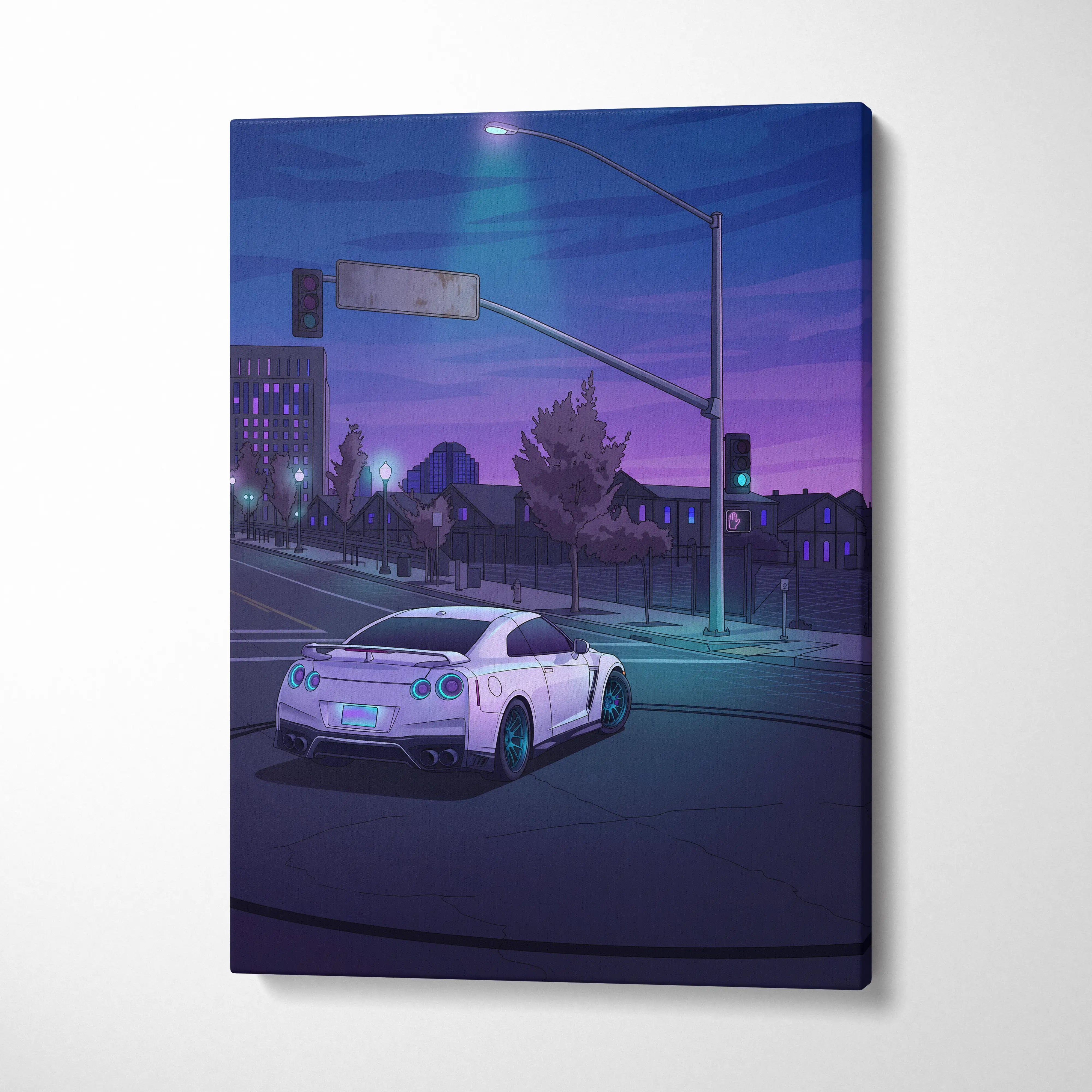 Nissan GT-R Inspired White Blue City Canvas Wall Art Vaporwave JDM Car Artwork, Moody Neon Street Garage Decor Retro Futuristic Print