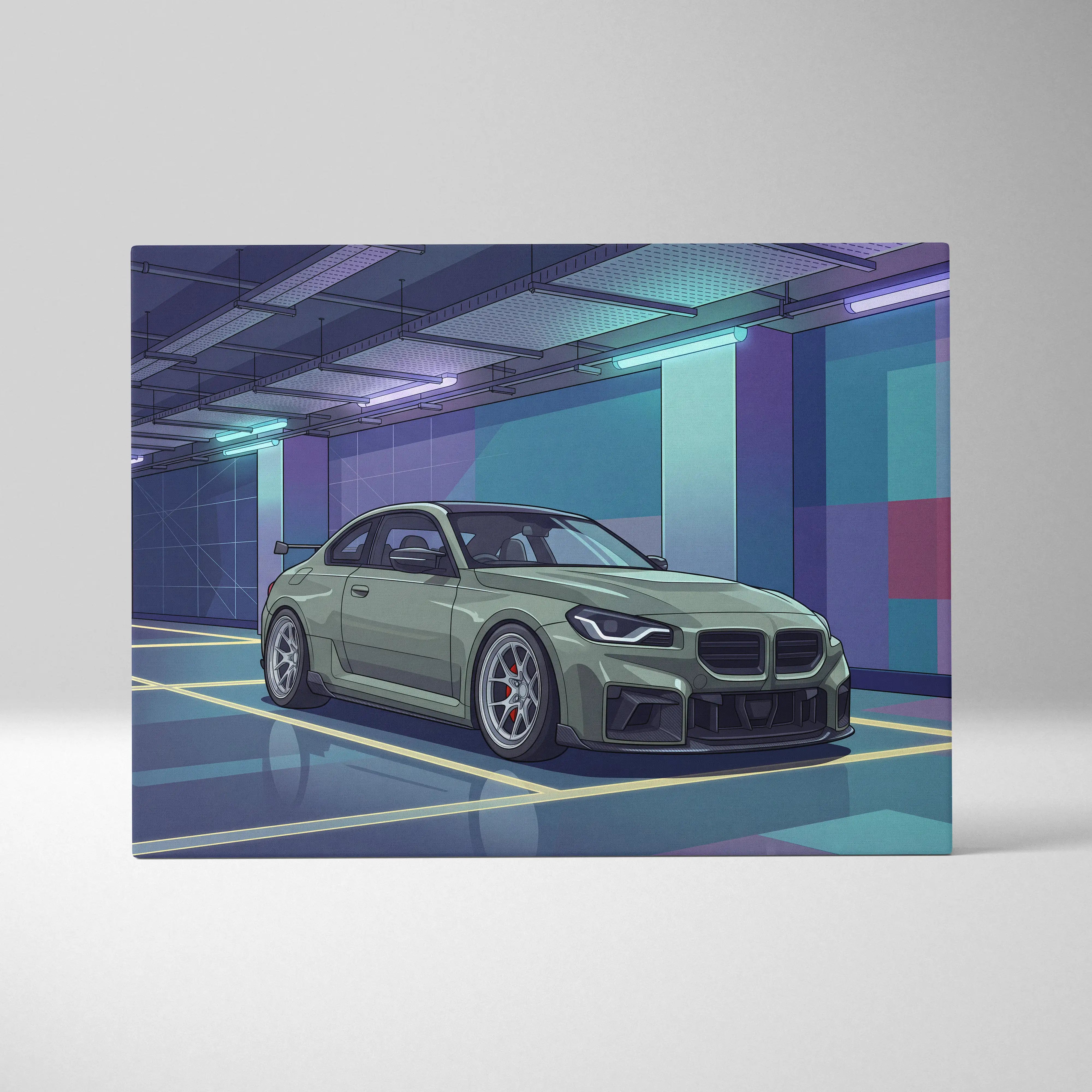 BMW M2 Inspired Vaporwave Car Canvas - Car Artwork Purple Teal Vaporwave Living Room Nostalgic Glow Retro Futurism Wall Art Canvas