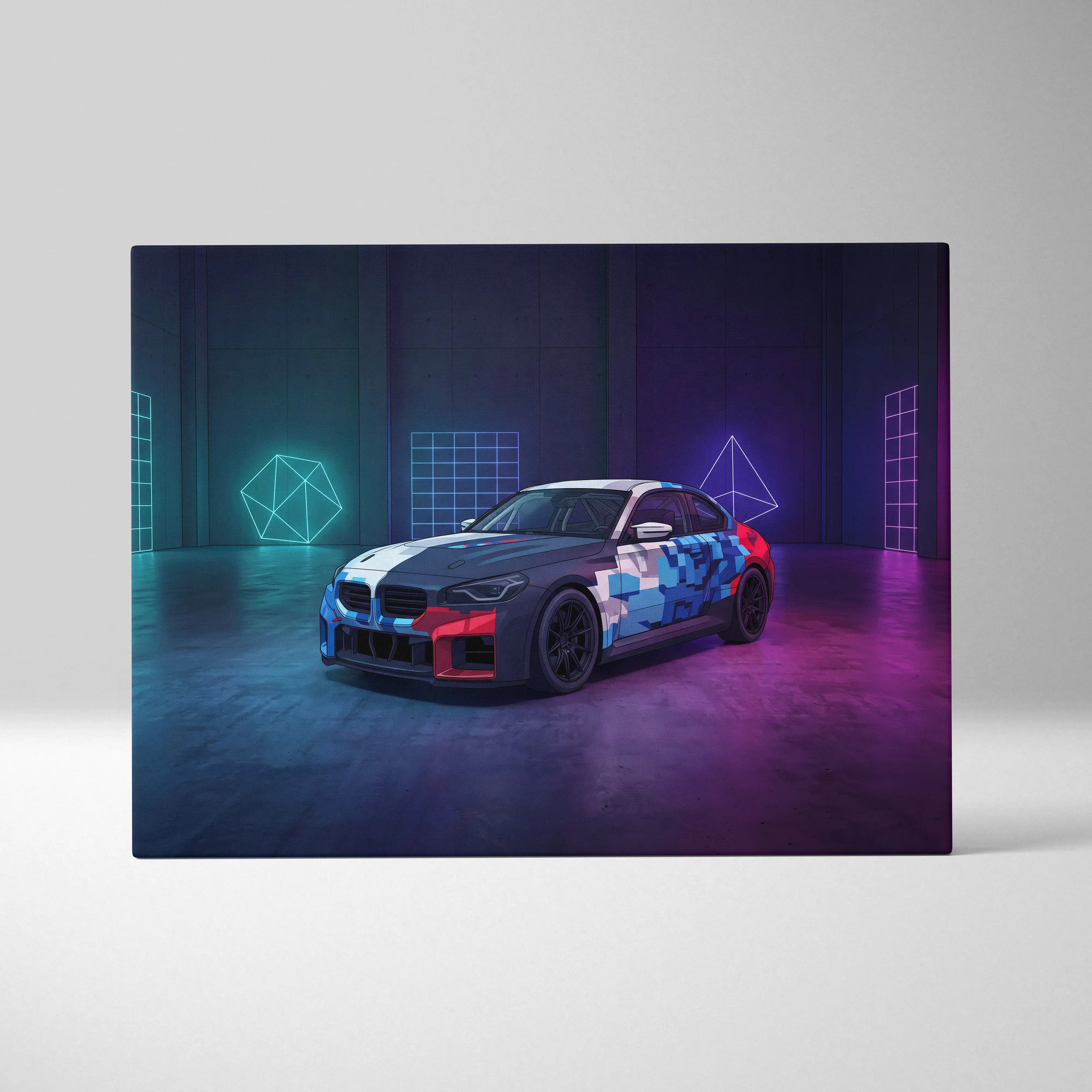 BMW M4 GT3 Inspired Vaporwave Car Canvas - Vaporwave Car Neon Colors Living Room Retro Futurism Nostalgic Mood Neon Wall Decor Canvas