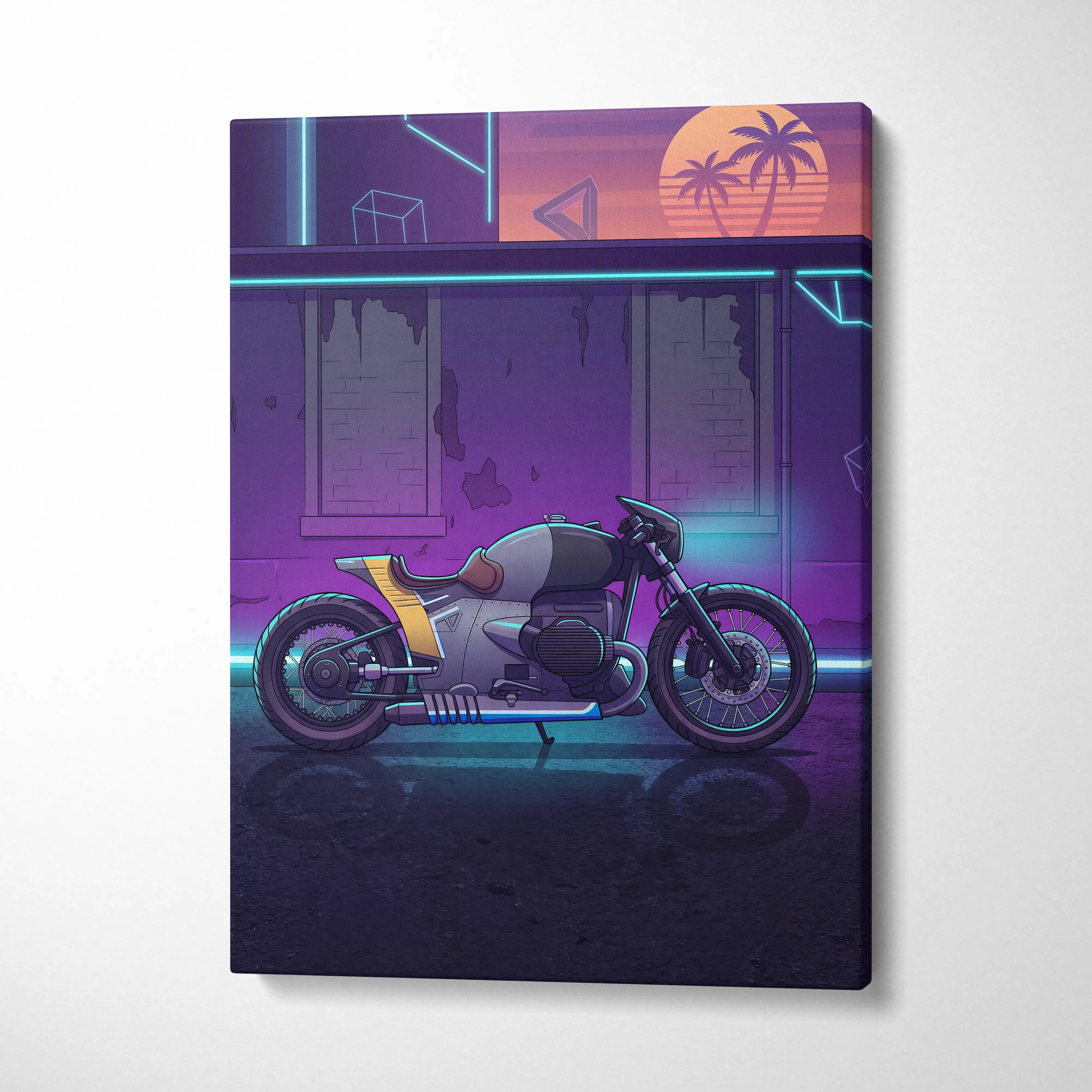 Custom BMW R nineT Inspired Gray Purple Motorcycle Canvas Wall Art Vaporwave Neon Cafe Racer Artwork for Garage Decor Retro Futuristic Print