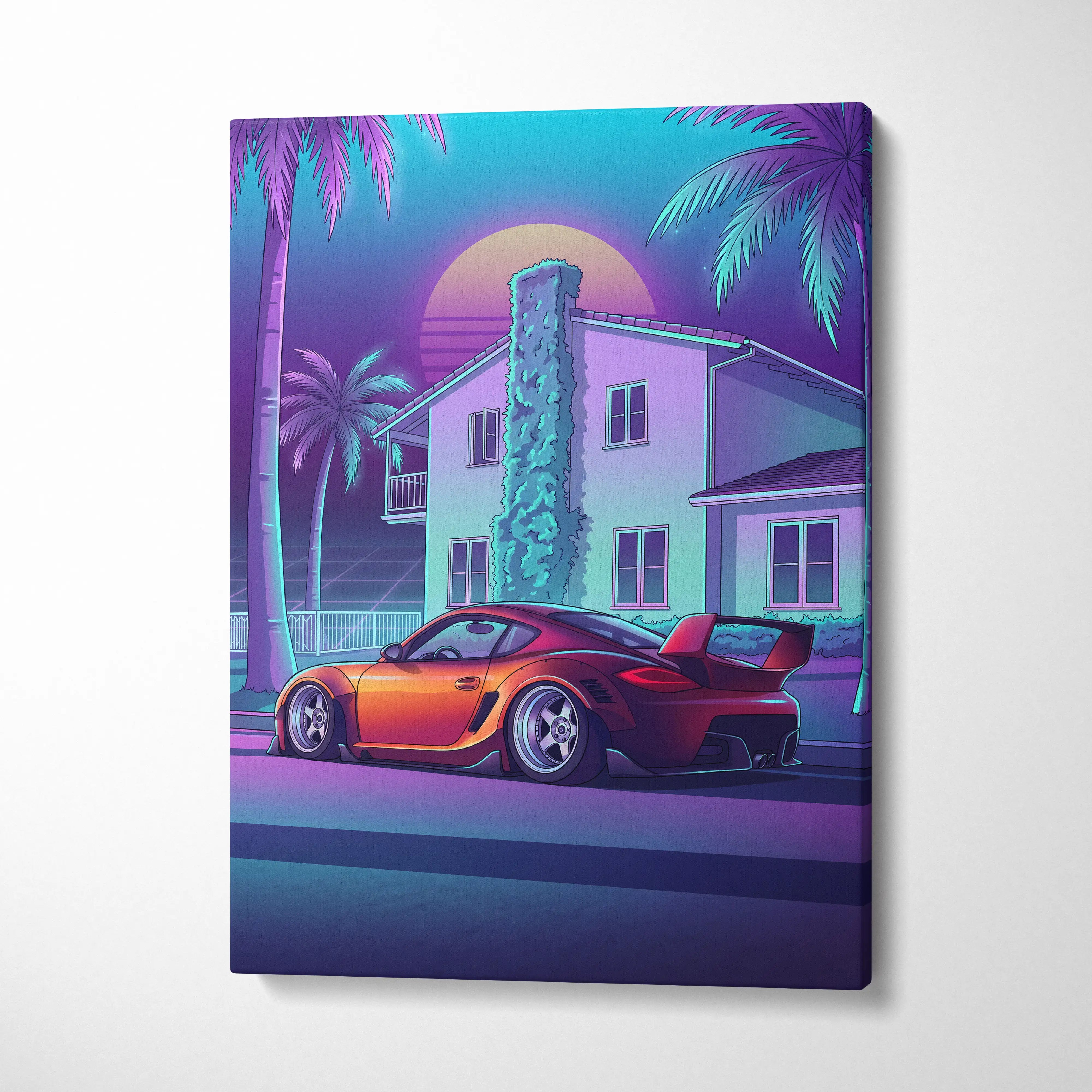 Porsche Cayman GT4 Inspired Orange Purple Canvas Wall Art Vaporwave Sports Car Artwork, Neon Palm Garage Decor Retro Futuristic Print