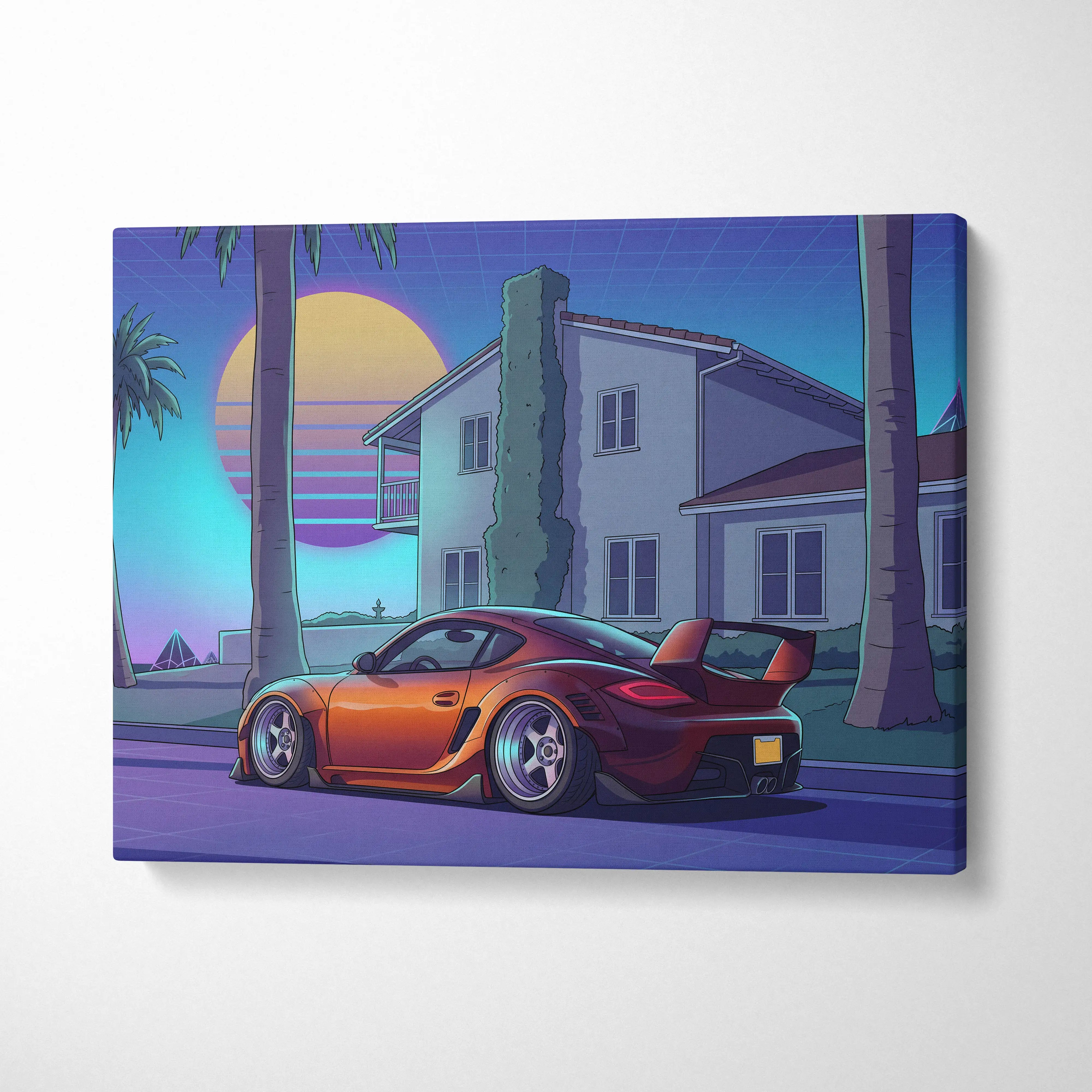 Porsche Cayman GT4 Inspired Orange Purple Canvas Wall Art Vaporwave Sports Car Artwork, Neon Palm Garage Decor Retro Futuristic Print