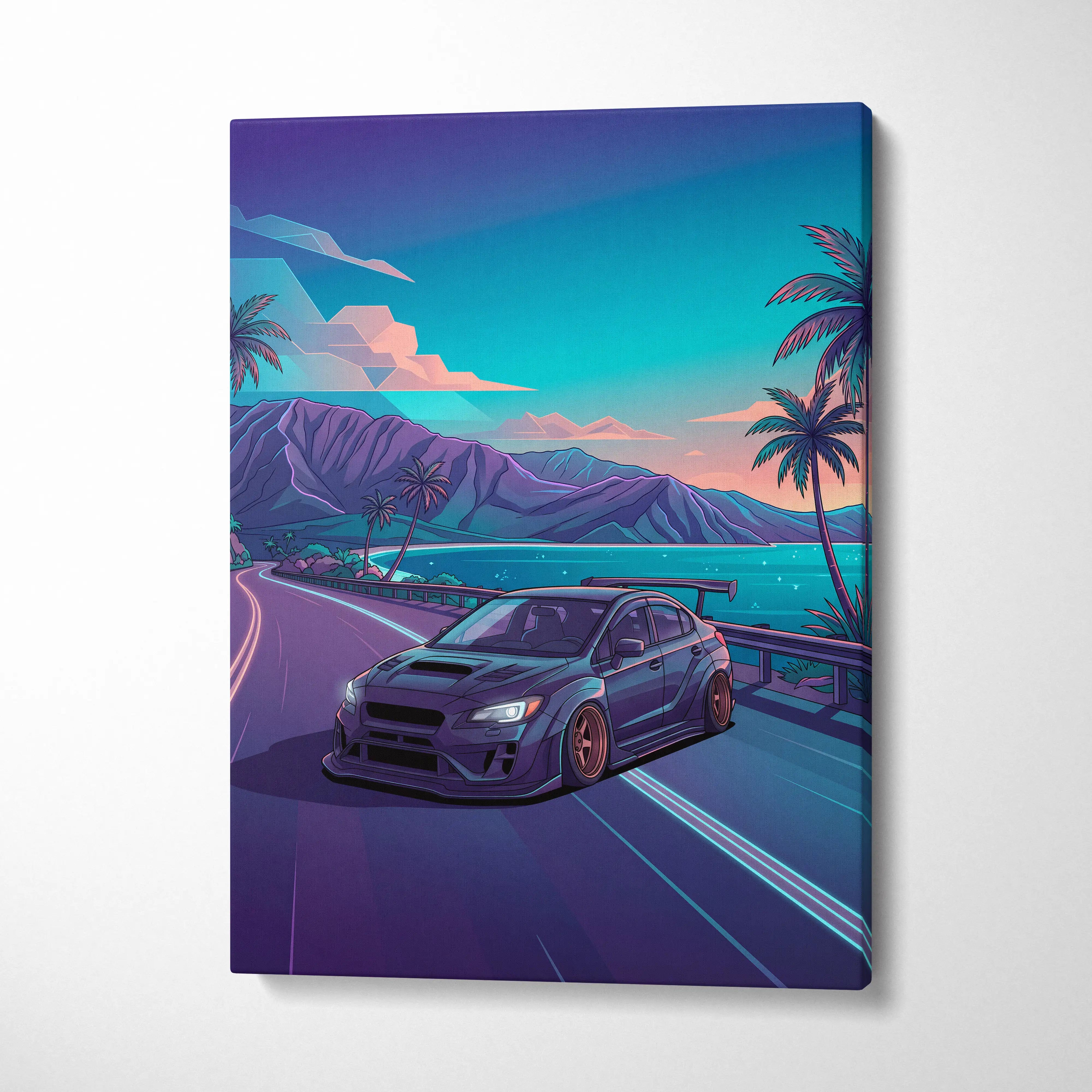 Subaru WRX STI Inspired Blue Purple Coastal Canvas Wall Art Vaporwave JDM Car Artwork, Neon Tropical Road Garage Decor Print