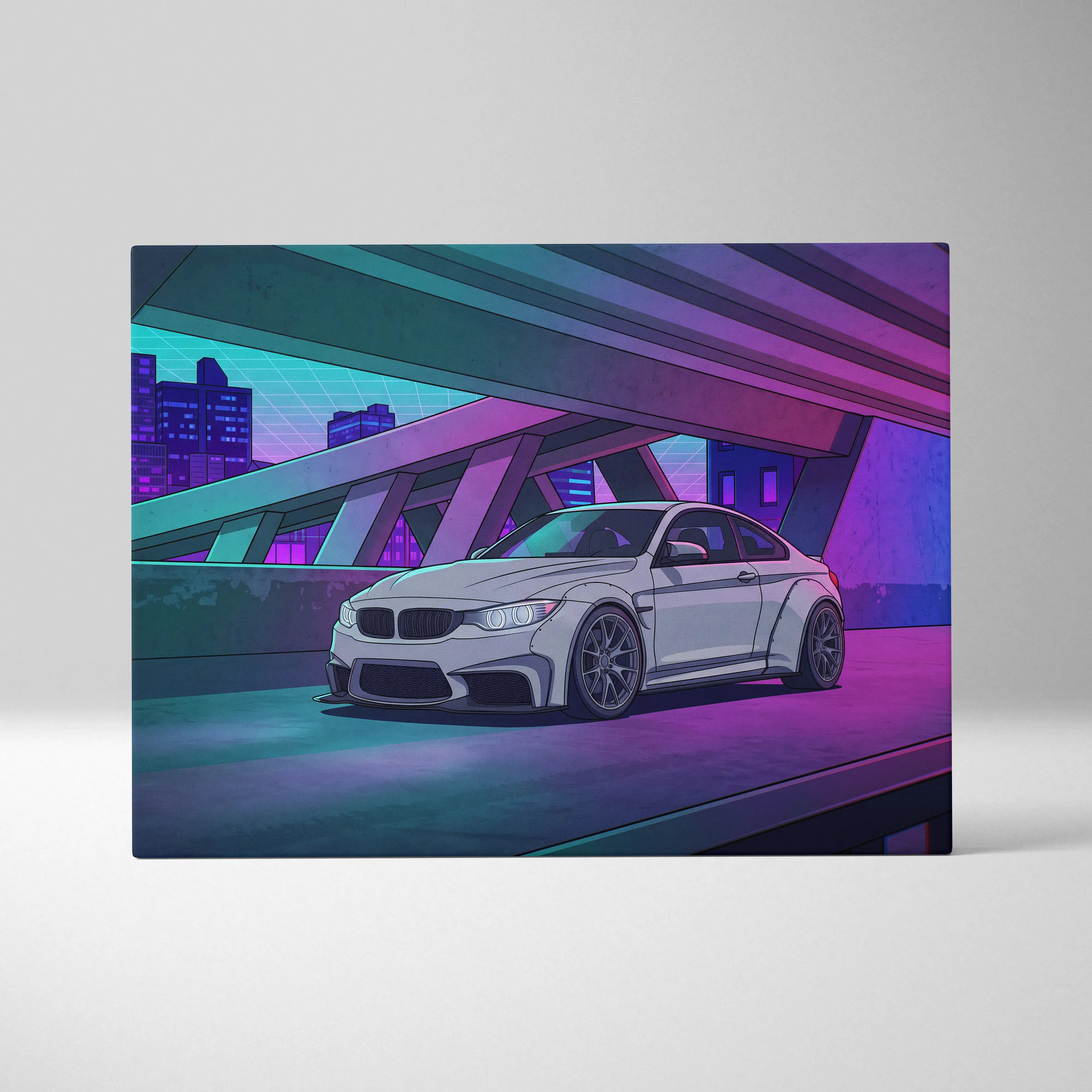BMW M4 Inspired White Purple Canvas Wall Art Vaporwave Sports Car Artwork Neon Overpass Garage Decor Retro Futuristic City Print