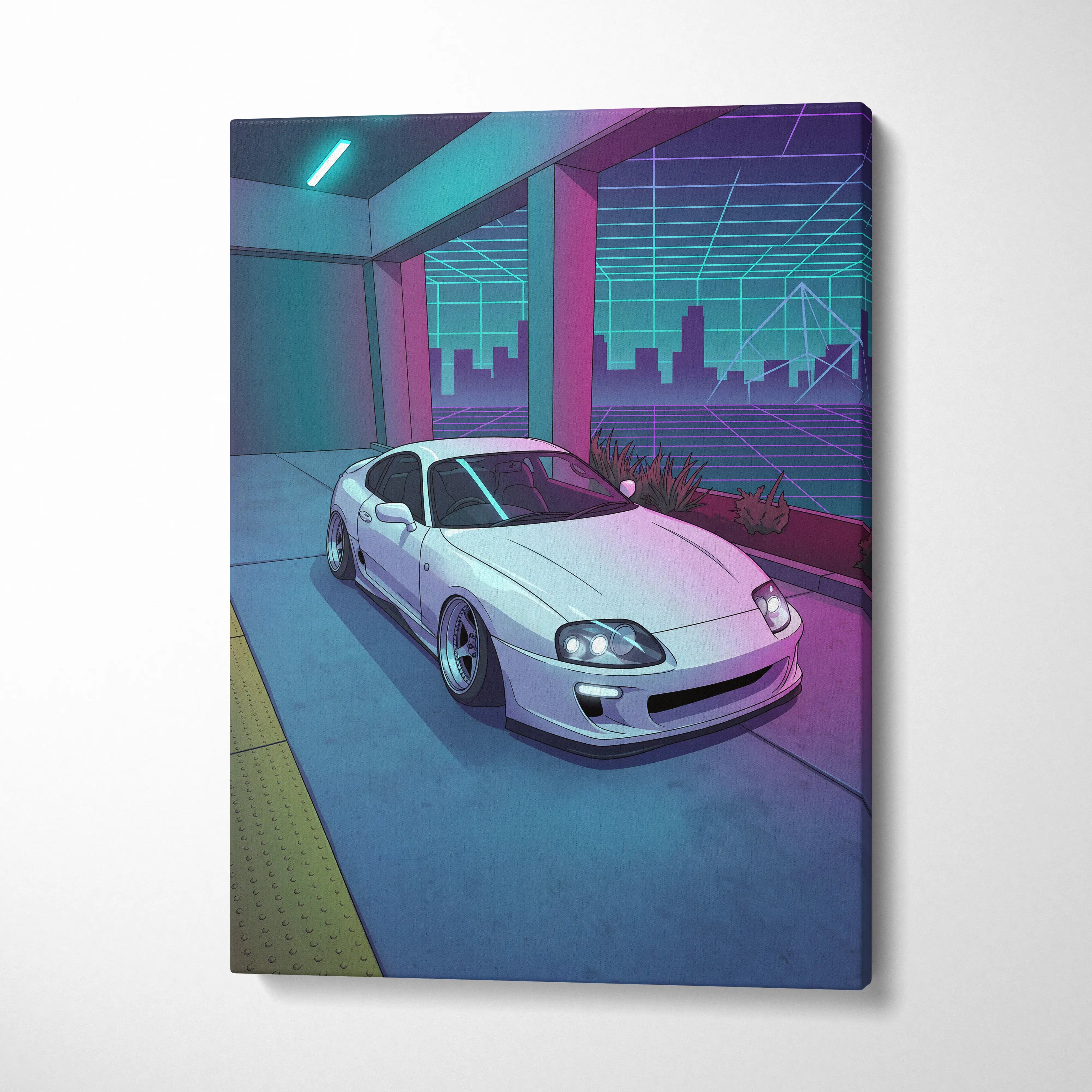 Toyota Supra Inspired White Blue Canvas Wall Art Vaporwave JDM Car Artwork, Neon City Garage Decor Retro Futuristic Sports Car Print