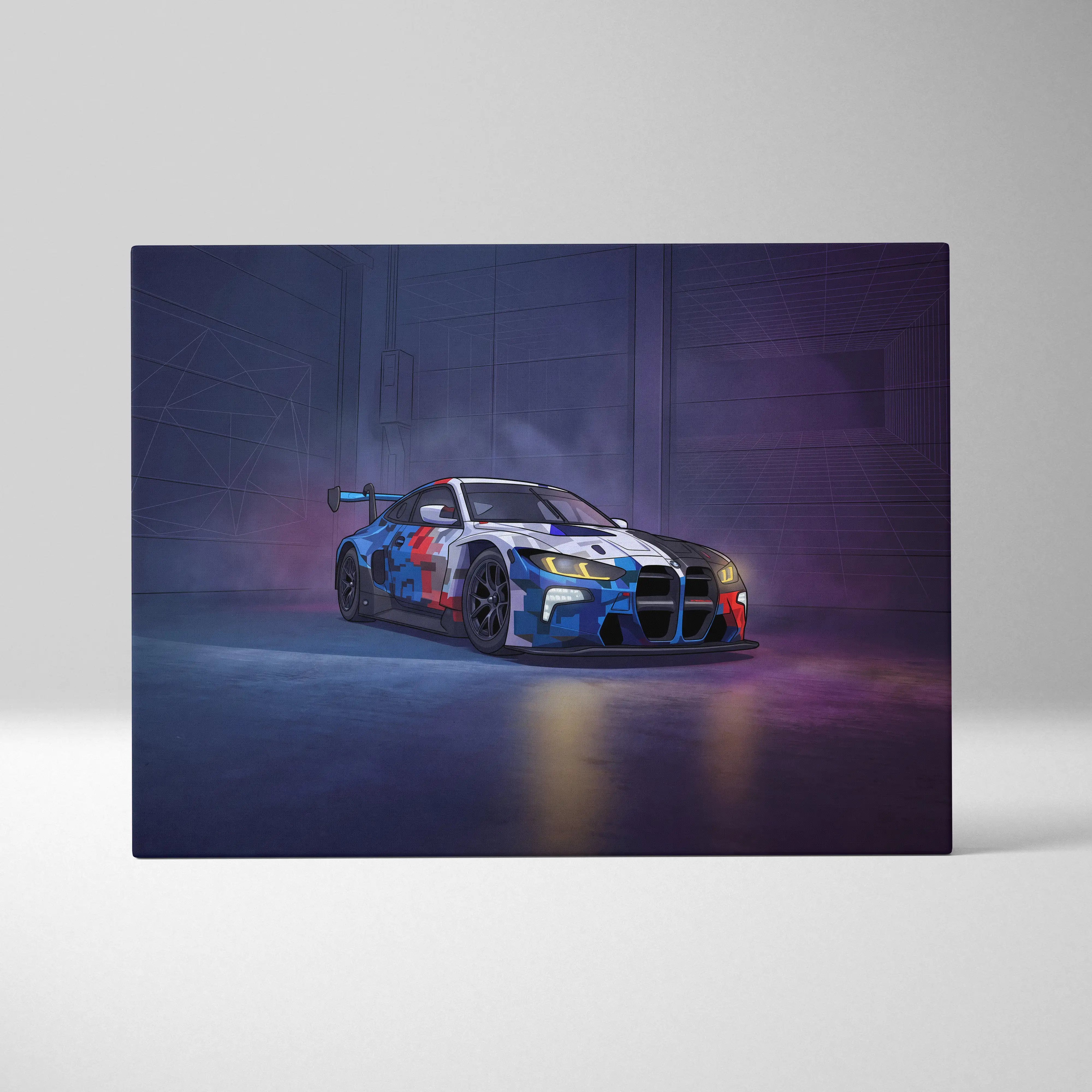 BMW M4 GT3 Inspired Vaporwave Car Canvas - Car Neon Purple Blue Living Room Vaporwave Nostalgic energy neon decor car wall art canvas