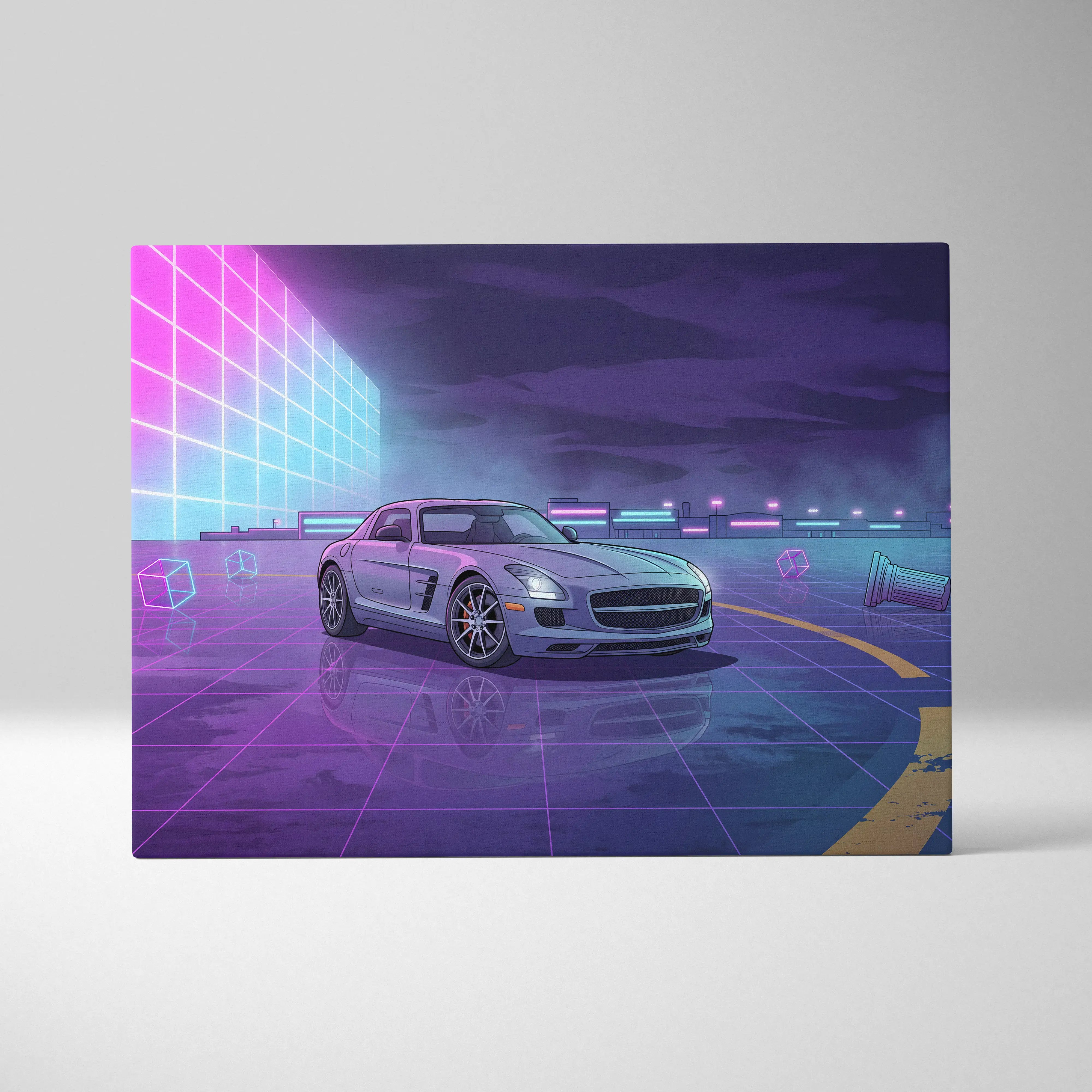 Mercedes SLS AMG Inspired Silver Purple Canvas Wall Art, Neon Vaporwave Supercar Artwork for Modern Garage Decor