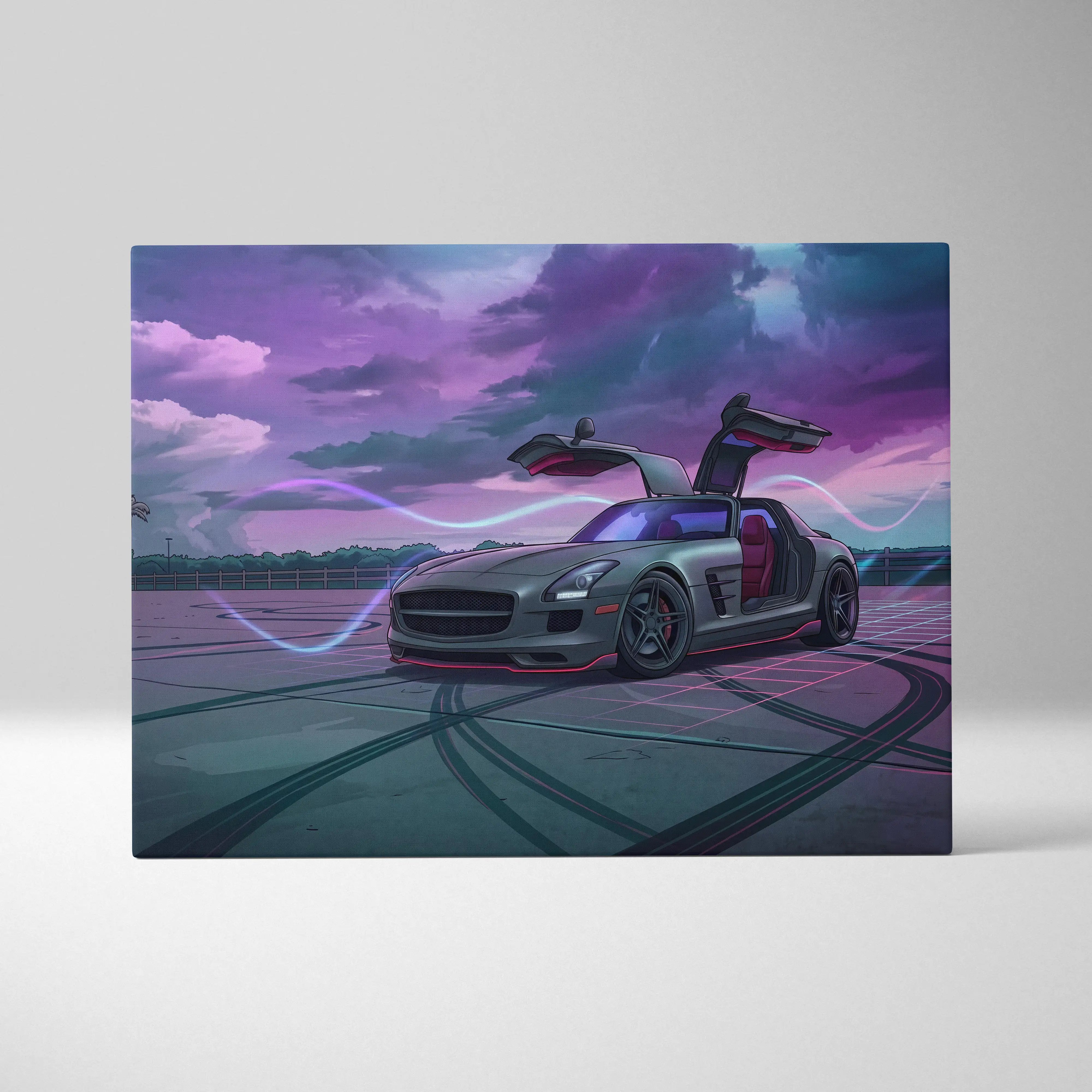 Mercedes SLS AMG Inspired Silver Purple Canvas Wall Art, Moody Vaporwave Supercar Artwork for Modern Garage Decor