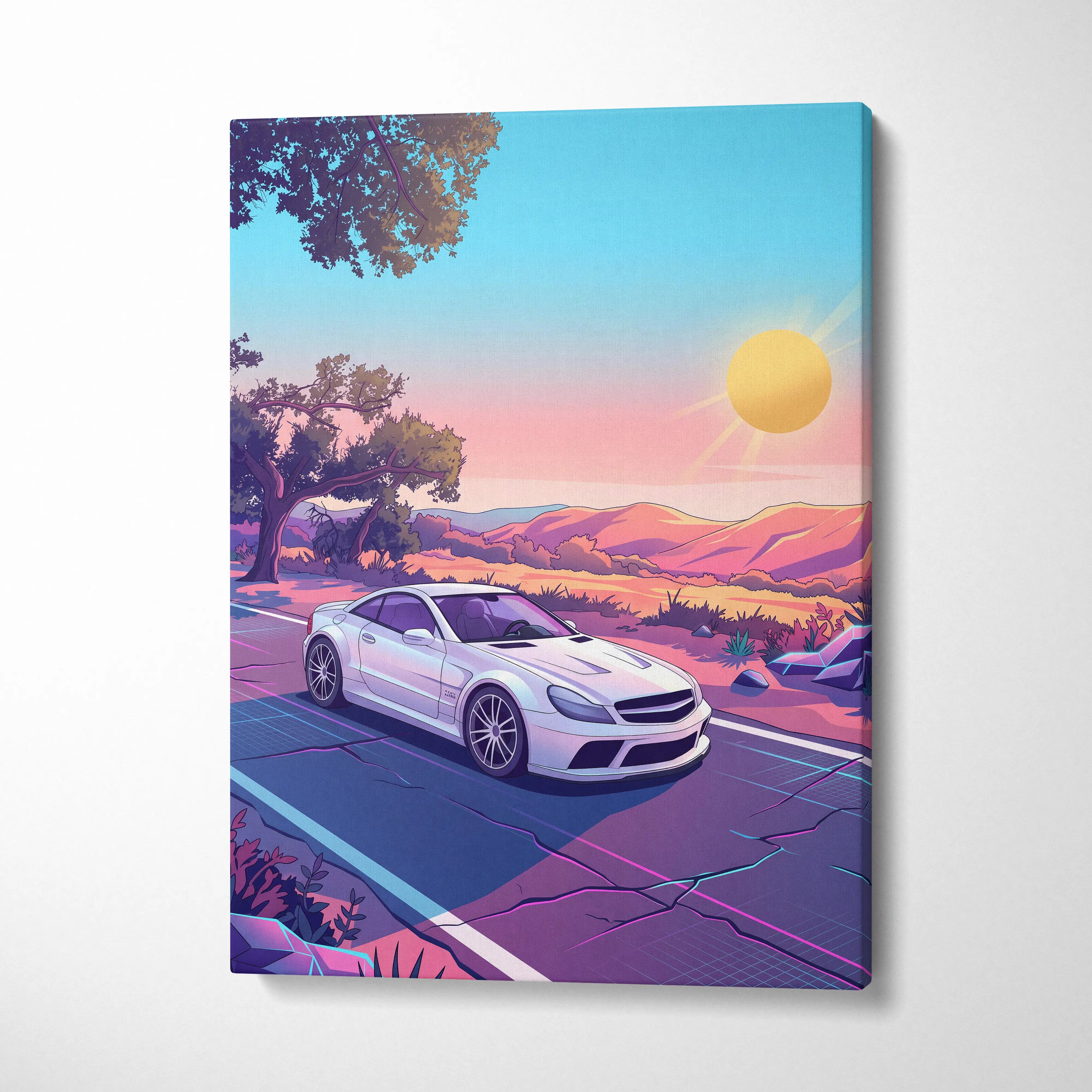 Mercedes SL65 Inspired Vaporwave Neon Car Canvas - Car Neon Pink Purple Blue Living Room Vaporwave Retro Futurism Dreamy Mood Neon Art Canvas