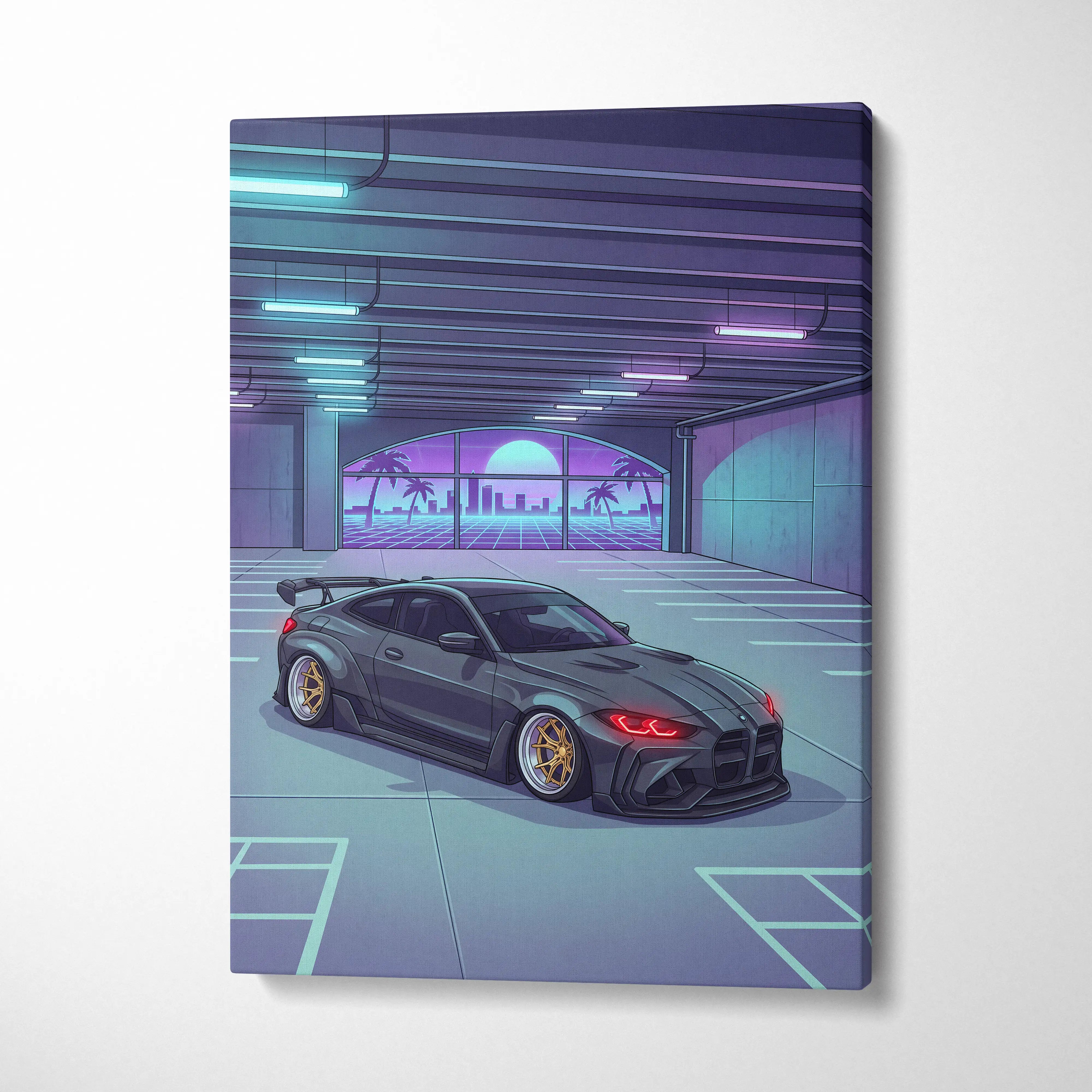 Widebody BMW M4 Inspired Vaporwave Car Canvas - Vaporwave Car Neon Blues Pink Living Room Nostalgic Mood Retro Decor Neon Art