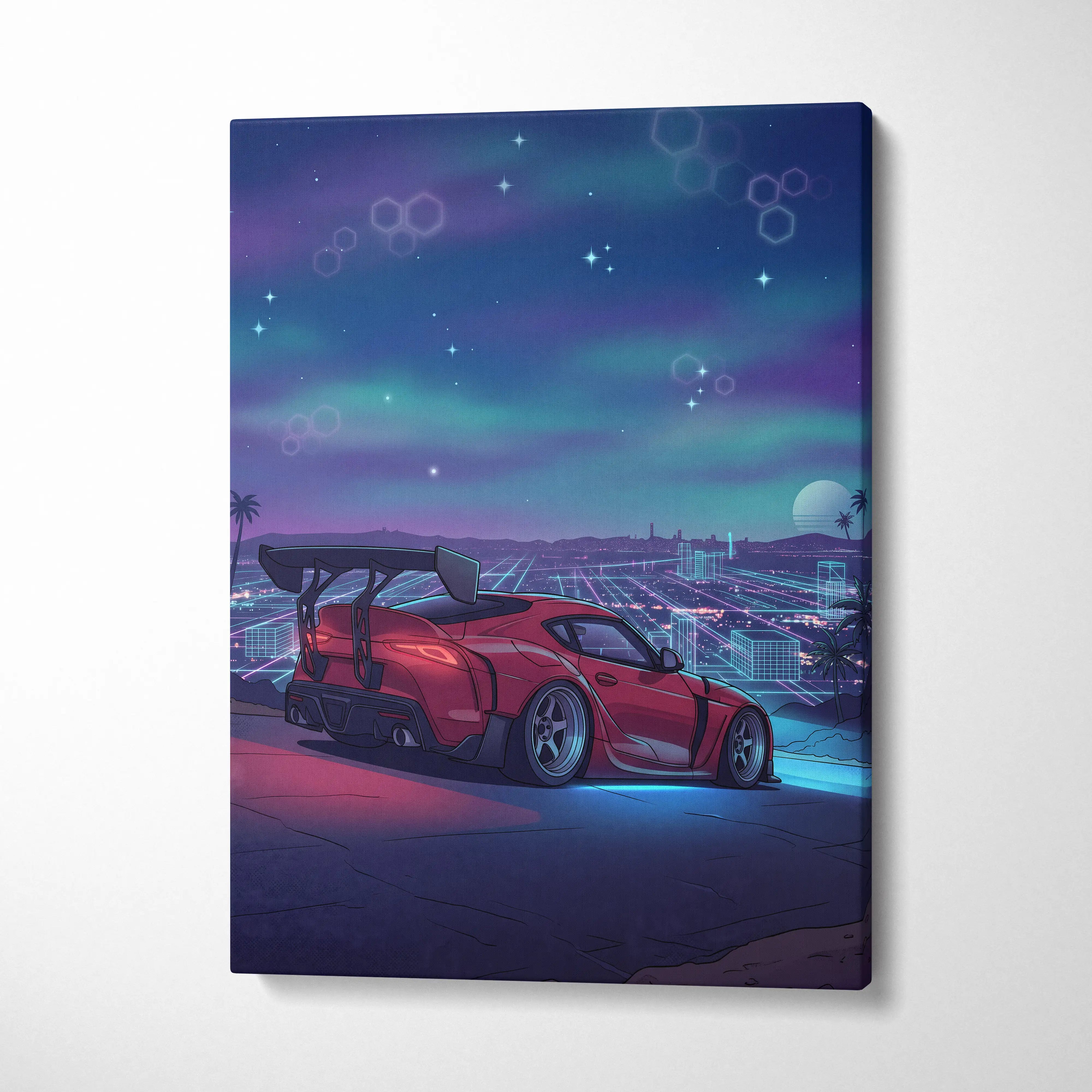 Toyota Supra Inspired Red Blue City Canvas Wall Art Vaporwave Neon Sports Car Artwork, Retro Futuristic Skyline Garage Decor Print