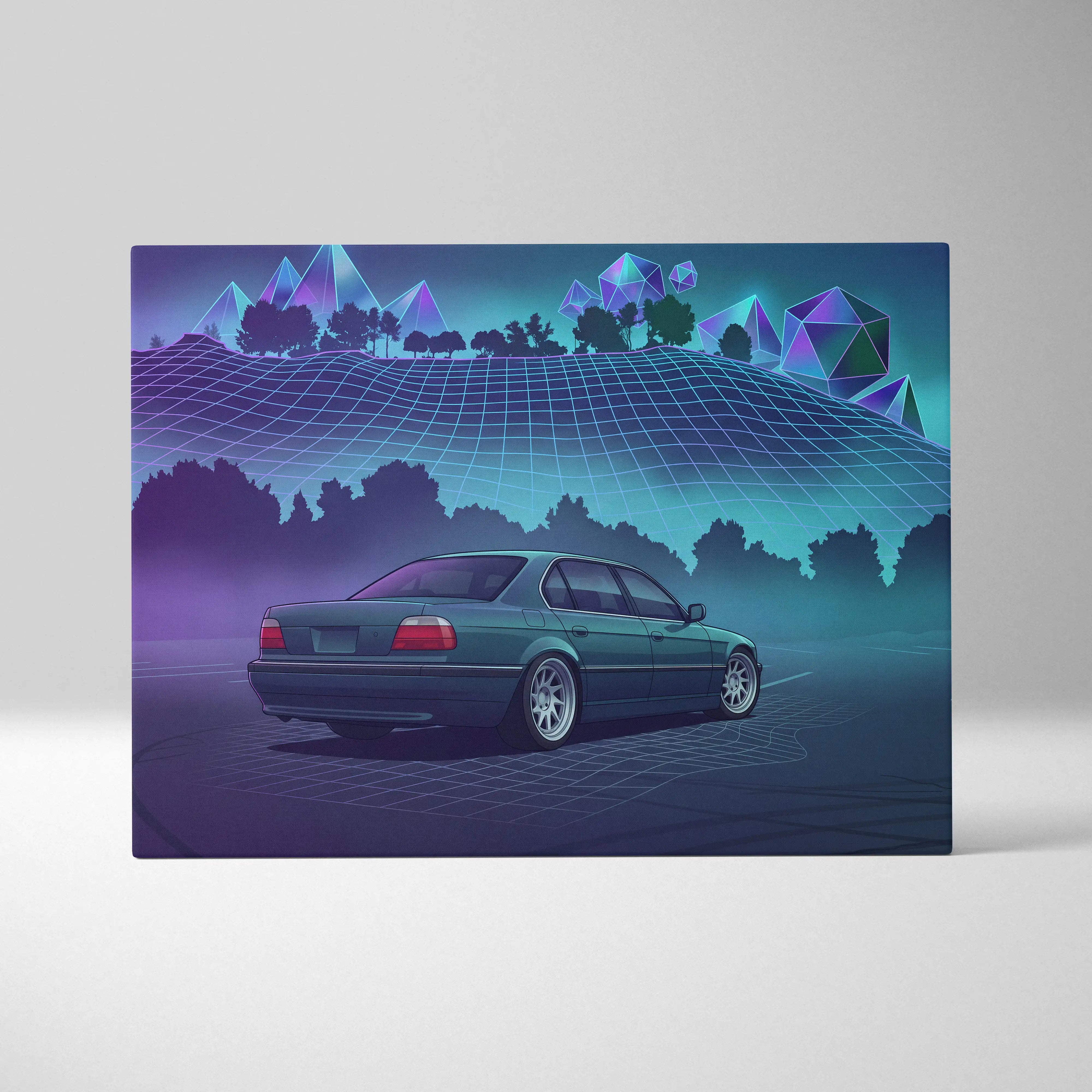 BMW 7 Series E38 Inspired Green Purple Canvas Wall Art Vaporwave Luxury Sedan Artwork Neon Forest Garage Decor Retro Futuristic JDM Print