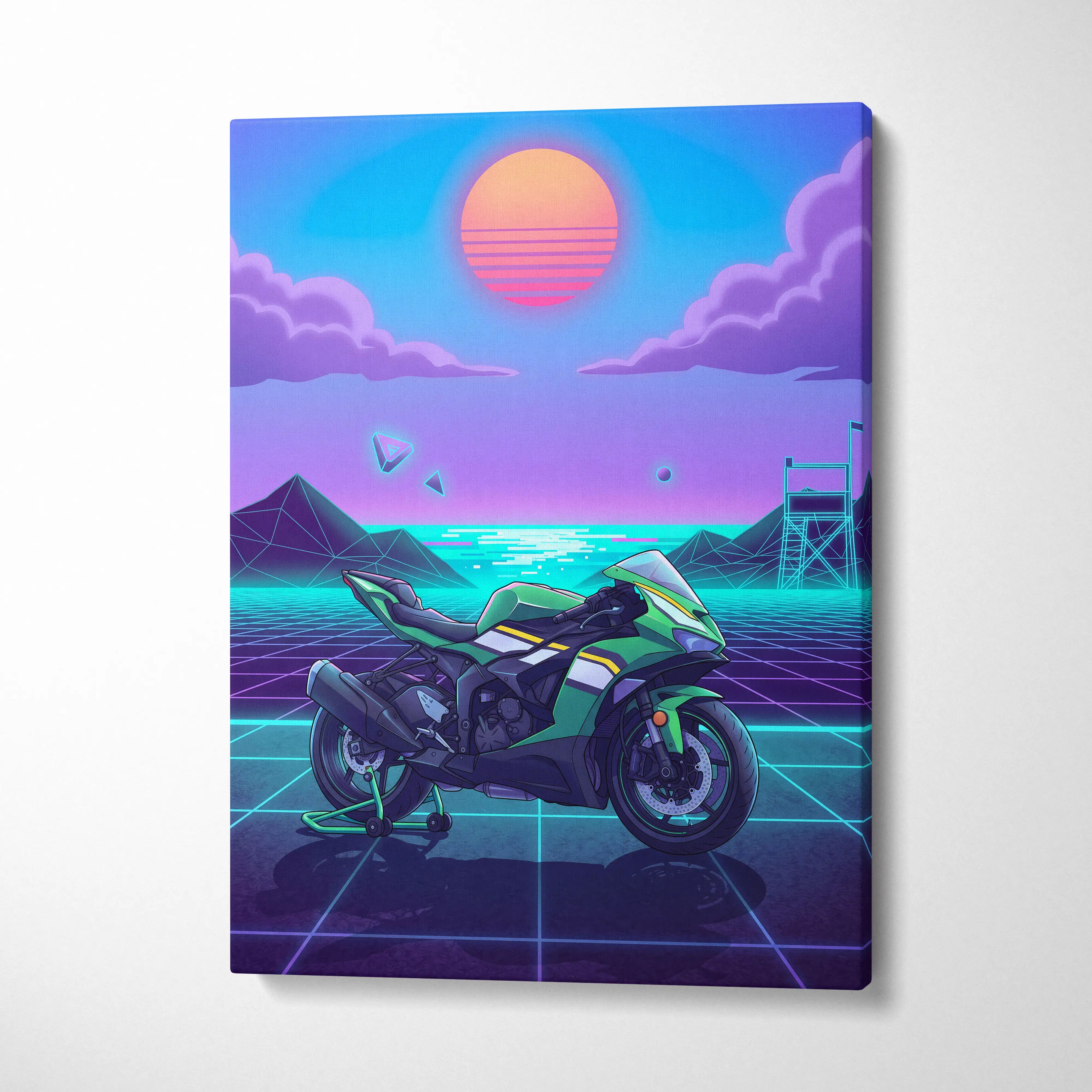 Kawasaki Ninja ZX-6R Inspired Green Purple Motorcycle Canvas Wall Art Vaporwave Neon Sunset Sportbike Artwork for Garage Decor Retro Futuristic Print