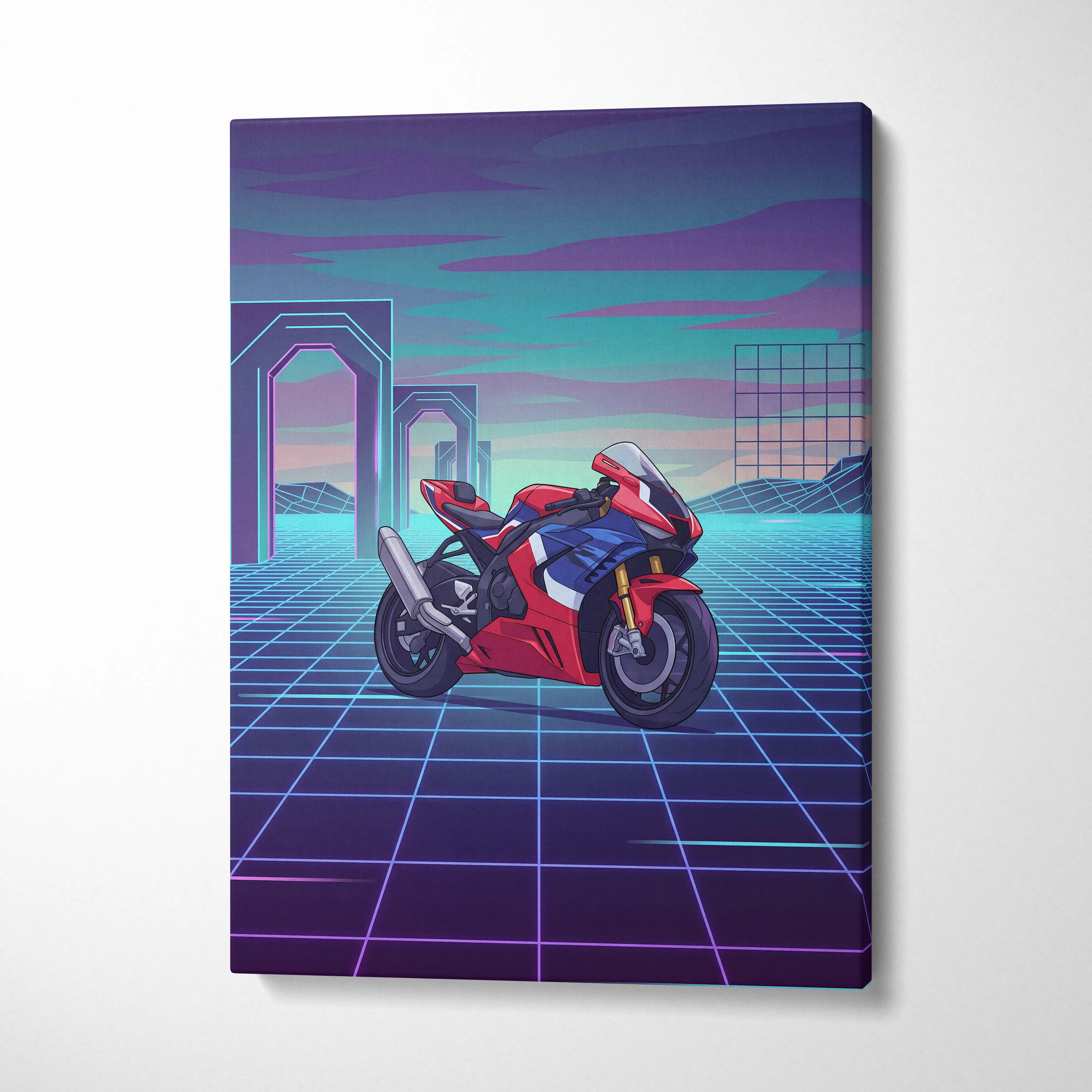Honda CBR1000RR-R Fireblade Inspired Red Blue Vaporwave Motorcycle Canvas Wall Art Neon Grid Sportbike Artwork Retro Futuristic Garage Decor