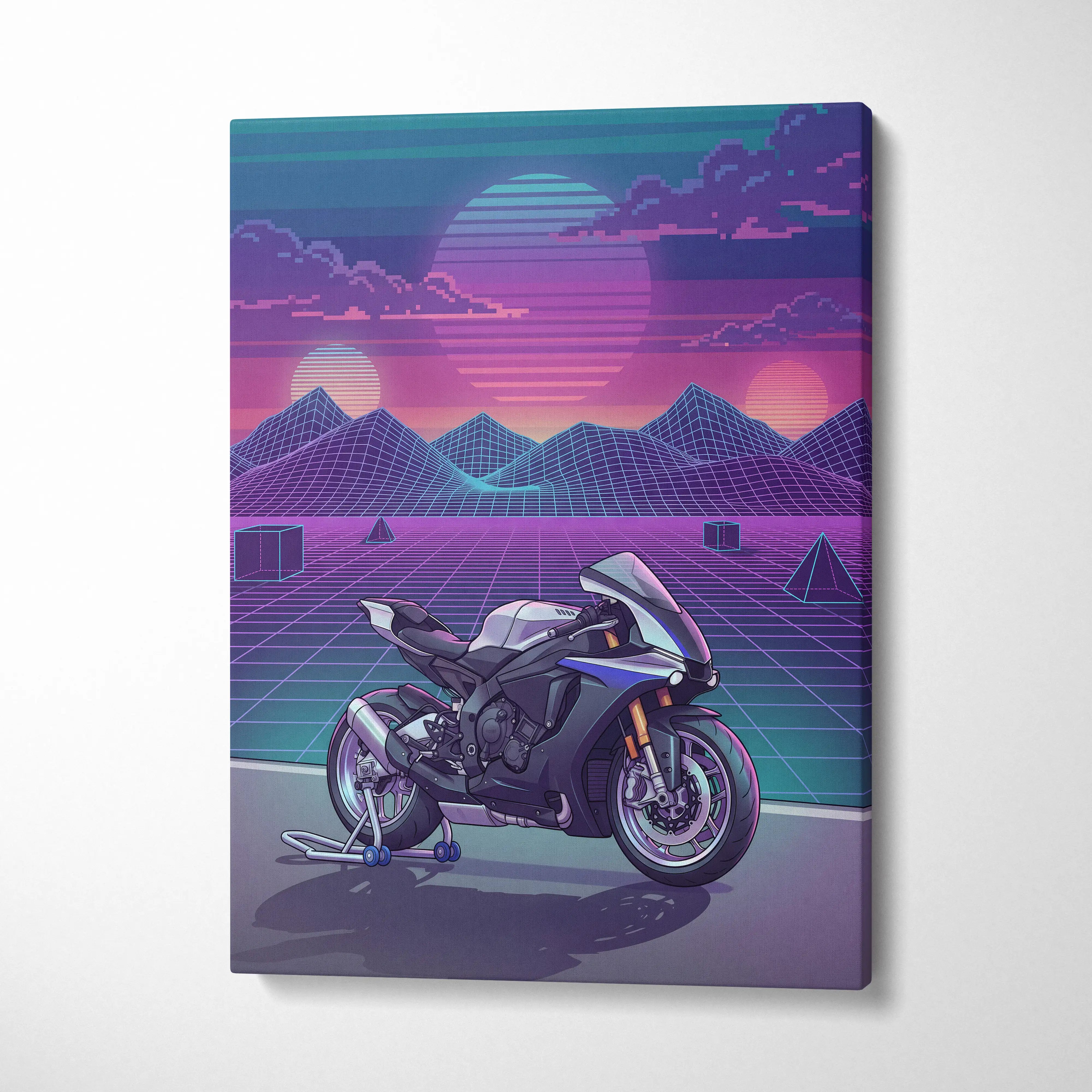 Yamaha R1M Inspired White Blue Motorcycle Canvas Wall Art Vaporwave Sunset Sportbike Garage Decor Retro Futuristic Racing Artwork