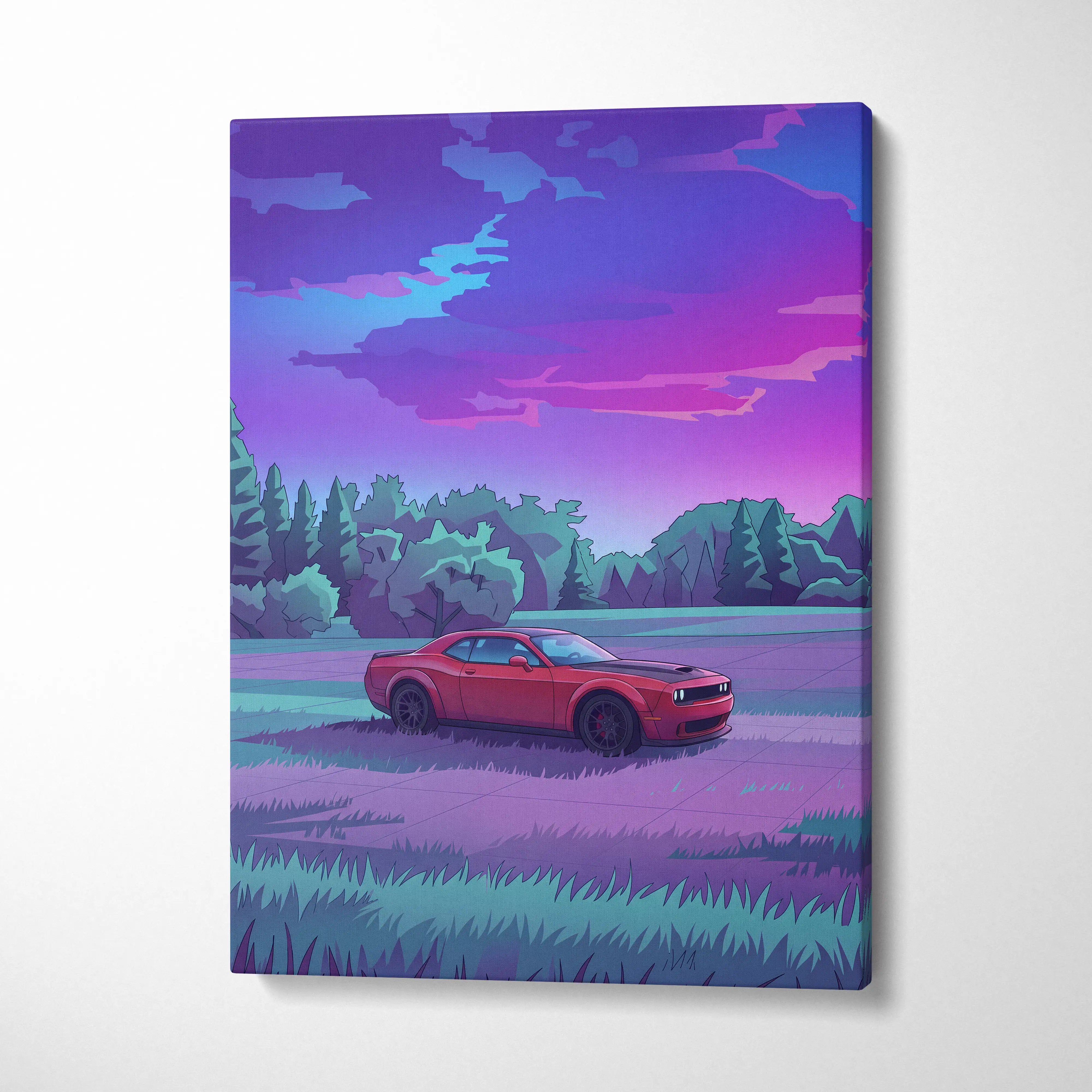 Dodge Challenger Inspired Red Purple Forest Canvas Wall Art Vaporwave Muscle Car Artwork, Moody Mountain Road Garage Decor Retro Futuristic Print