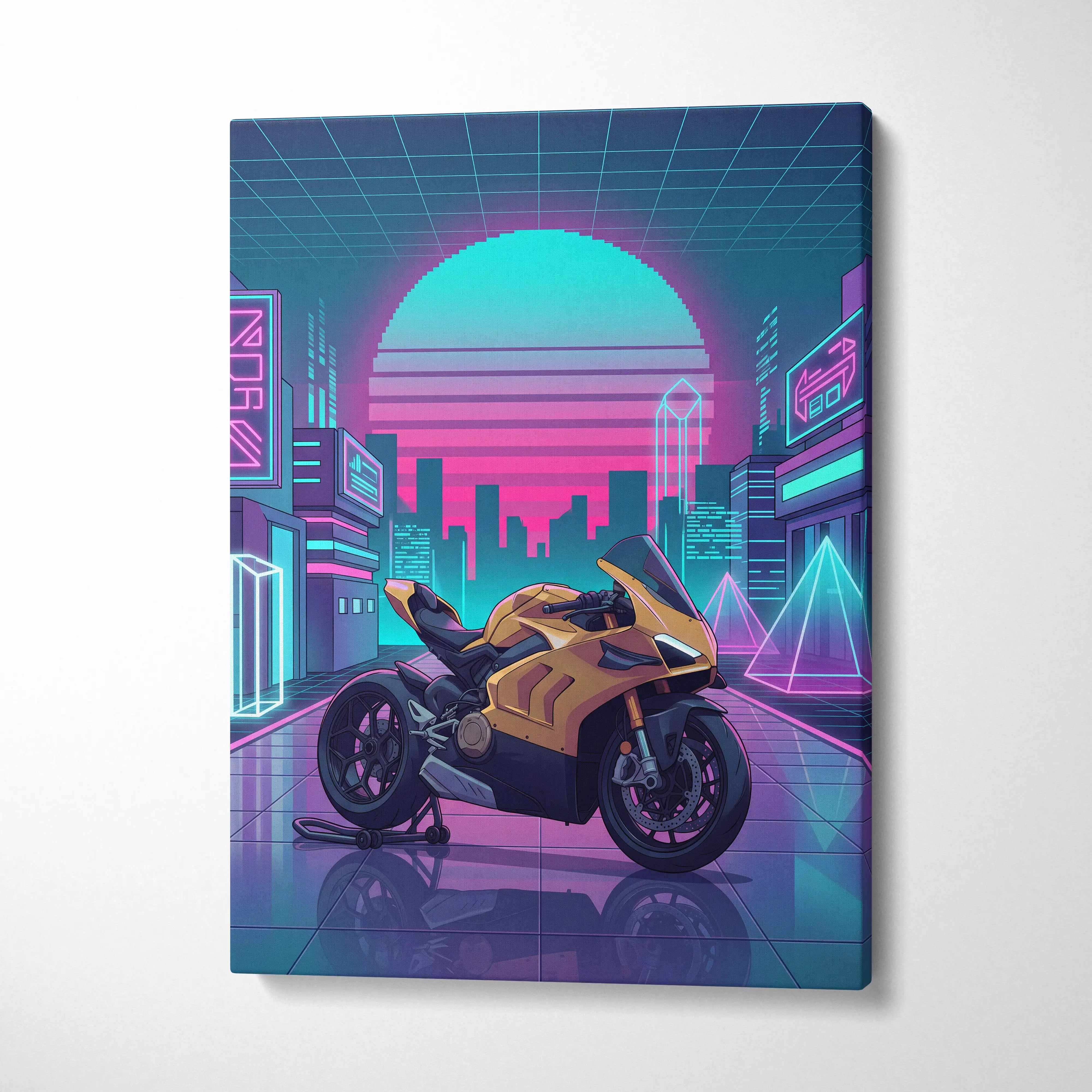 Ducati Panigale V4 Inspired Gold Pink Vaporwave Motorcycle Canvas Wall Art Neon City Sportbike Artwork Cyberpunk Garage Decor