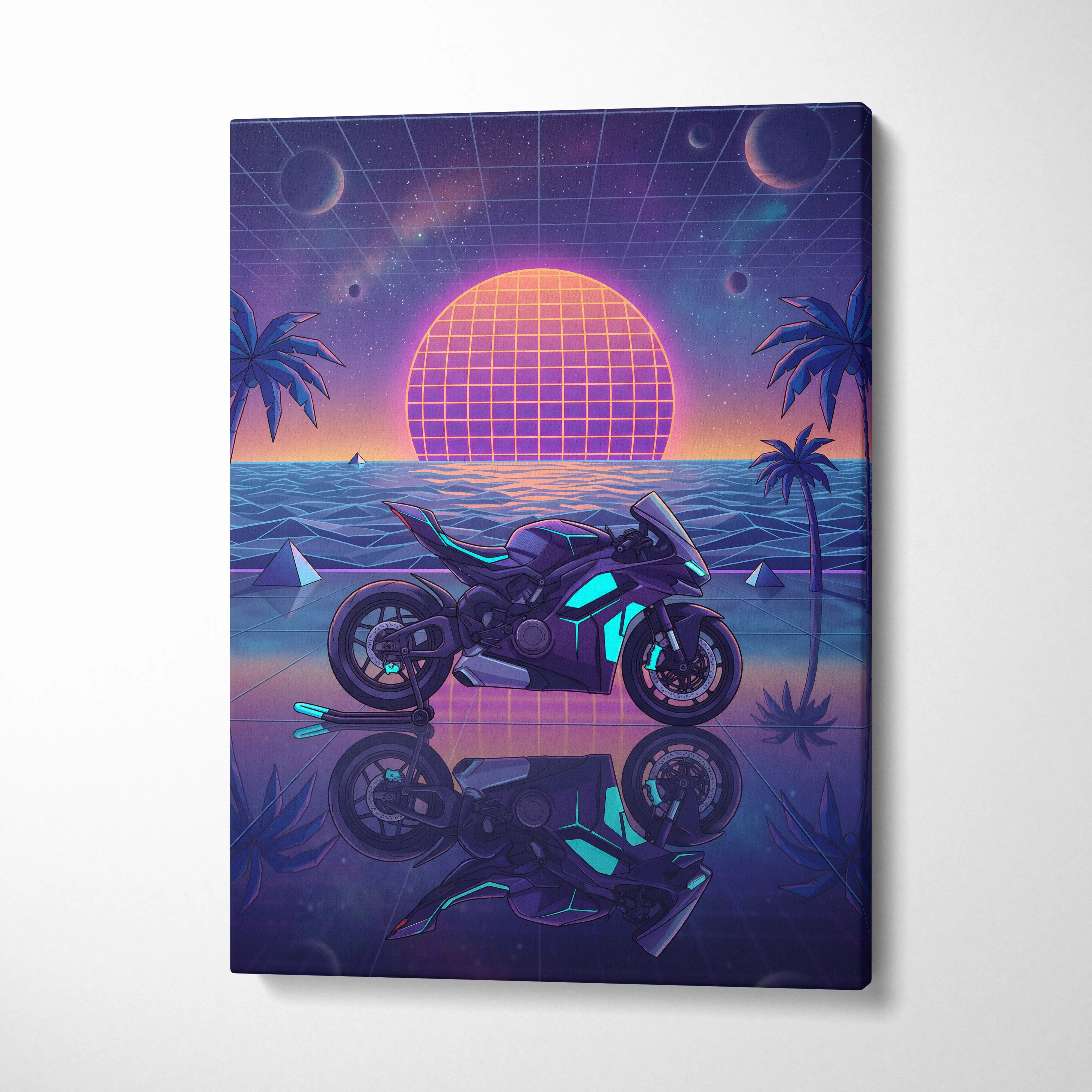 Ducati Panigale V4 Inspired Purple Blue Motorcycle Canvas Wall Art Vaporwave Neon Sunset Sportbike Artwork for Garage Decor Retro Futuristic Print