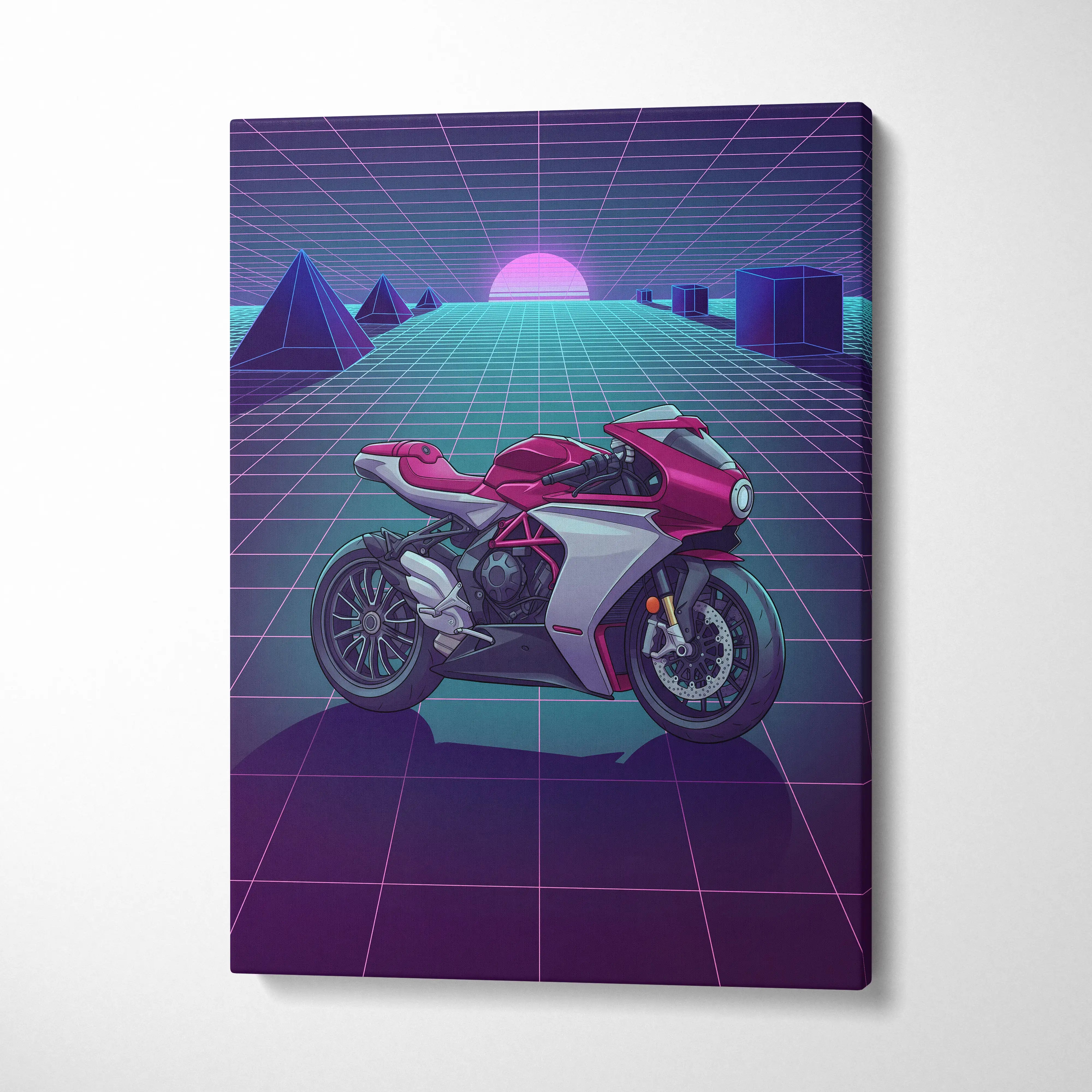 MV Agusta Superveloce Inspired Red Silver Vaporwave Motorcycle Canvas Wall Art Neon Grid Sportbike Artwork Retro Futuristic Garage Decor