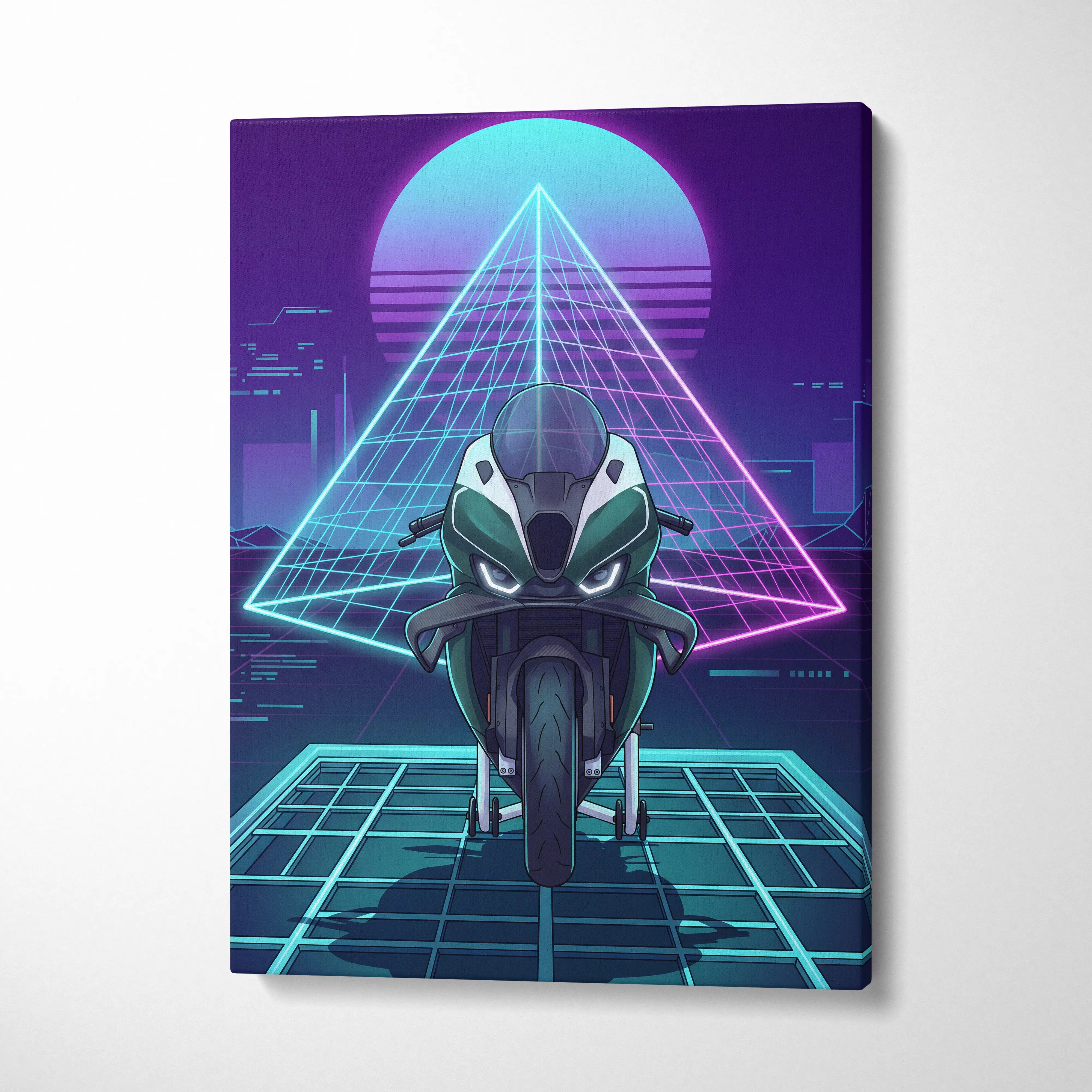 BMW M1000RR Inspired Green Teal Vaporwave Motorcycle Canvas Wall Art Neon Pyramid Sportbike Artwork Cyberpunk Garage Decor