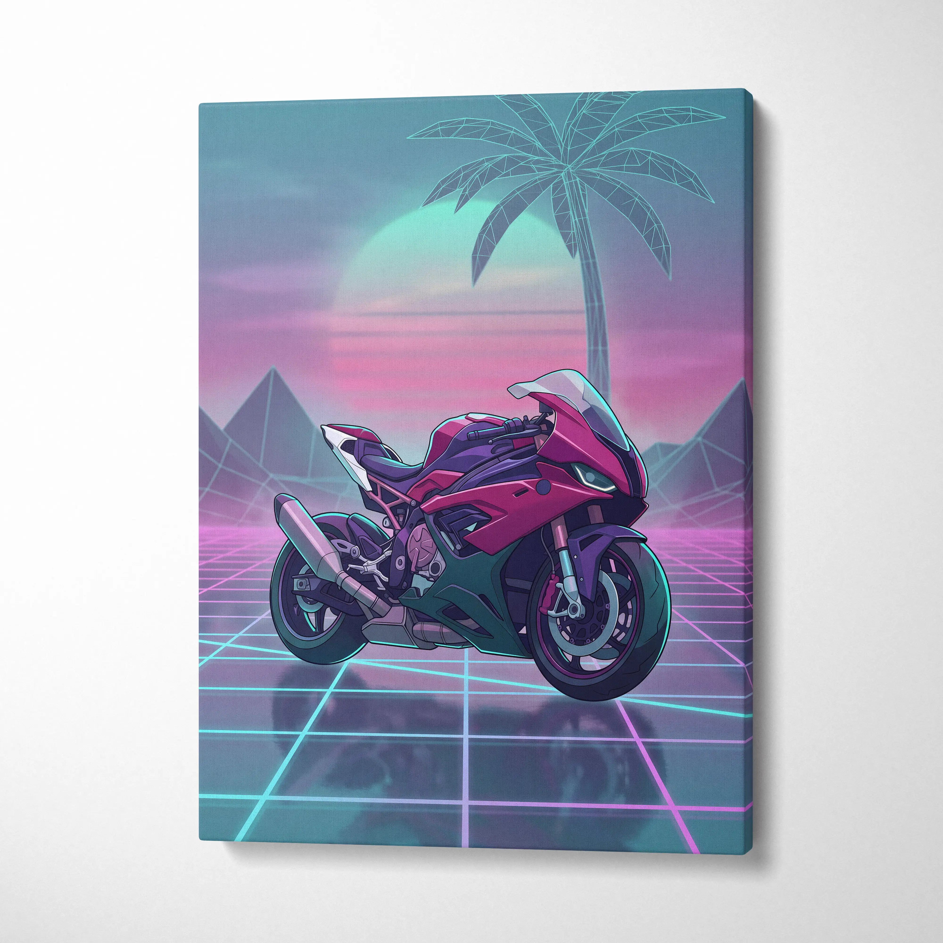 BMW S1000RR Inspired Pink Teal Motorcycle Canvas Wall Art Vaporwave Neon Grid Sportbike Artwork for Garage Decor Retro Futuristic Print