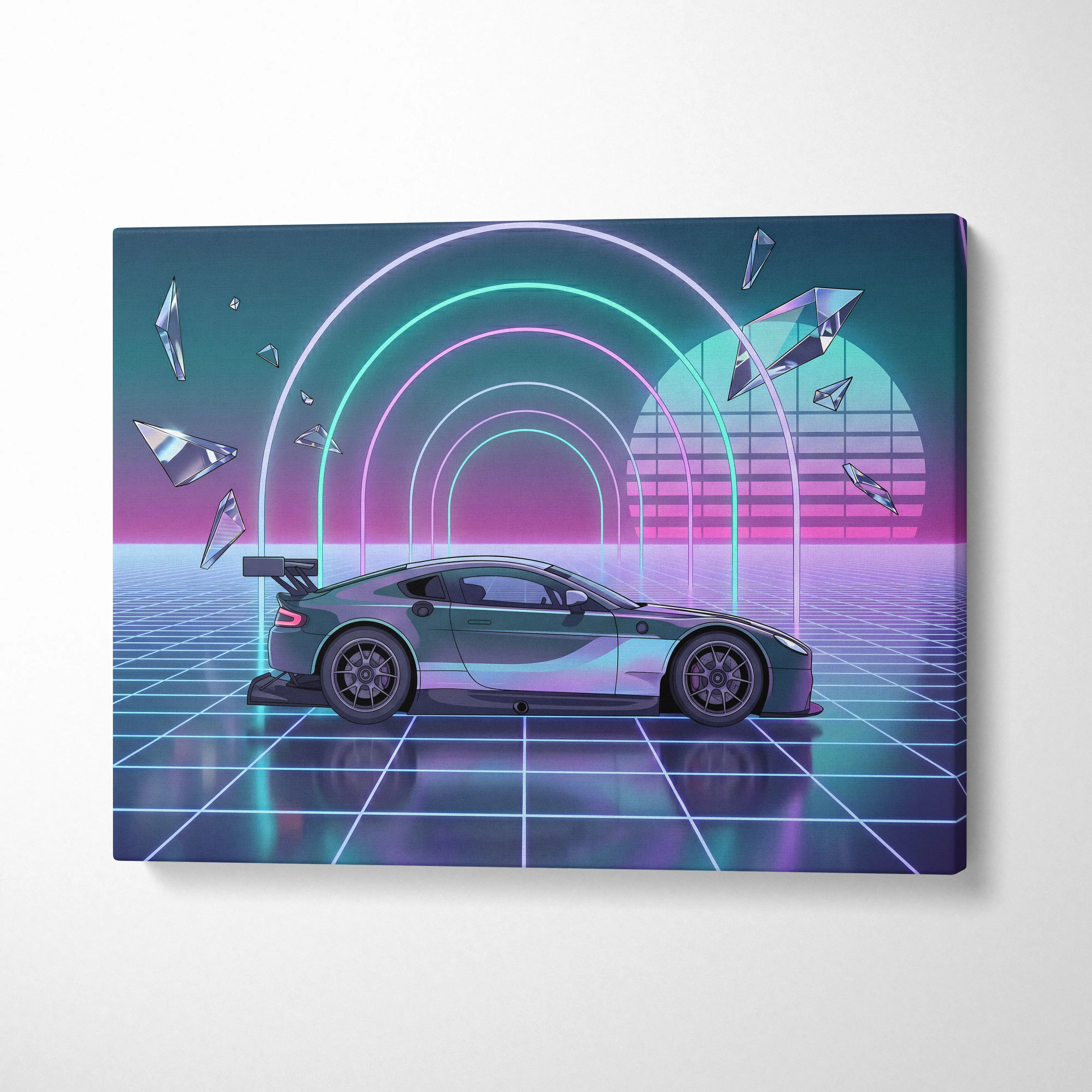 Aston Martin Vantage GT3 Inspired Silver Purple Canvas Wall Art Vaporwave Neon Grid Race Car Artwork, Retro Futuristic Motorsport Garage Decor