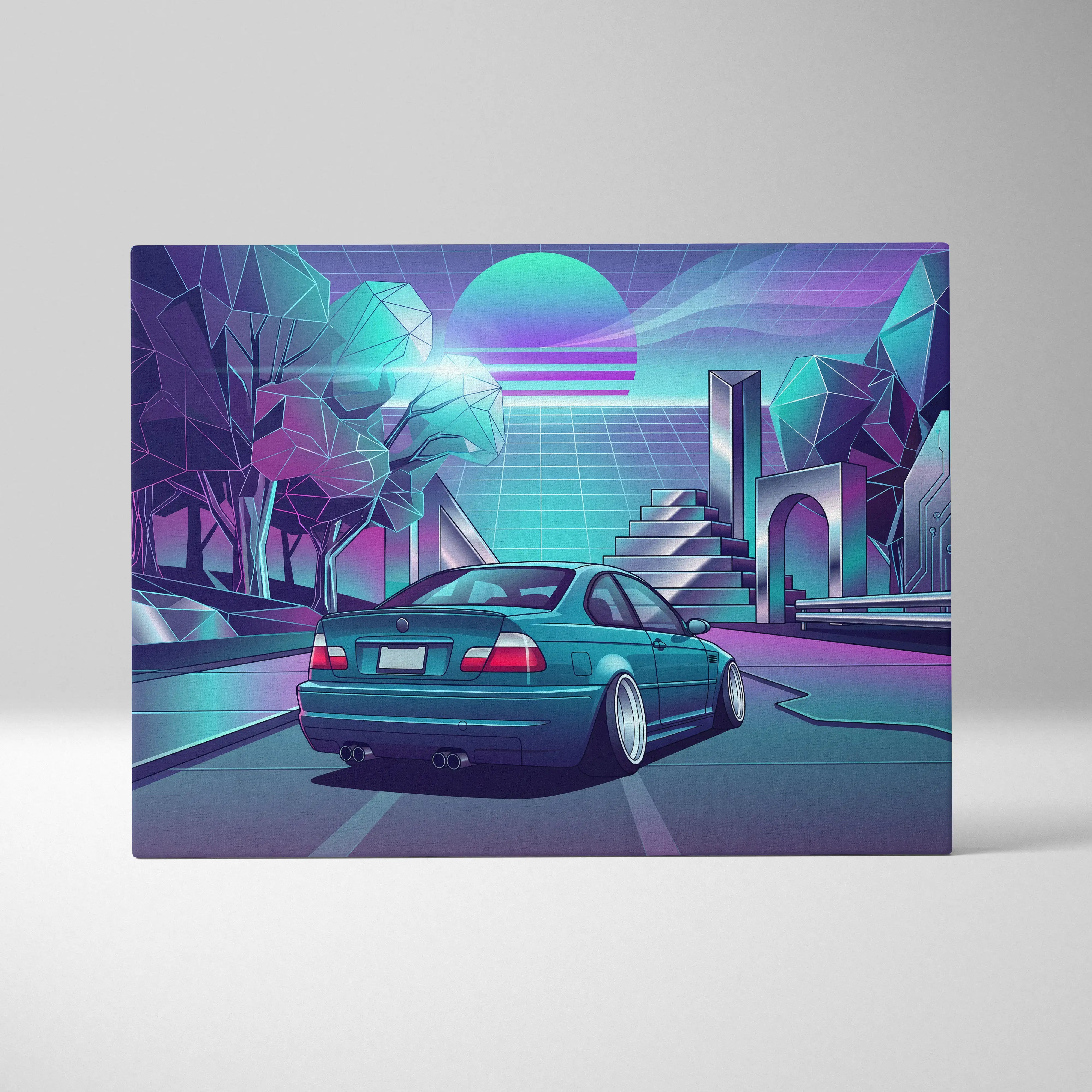BMW M3 Inspired Vaporwave Car Canvas - Car Artwork Neon Teal Purple Living Room Mood Nostalgic Decor Vaporwave Retro Futurism Canvas
