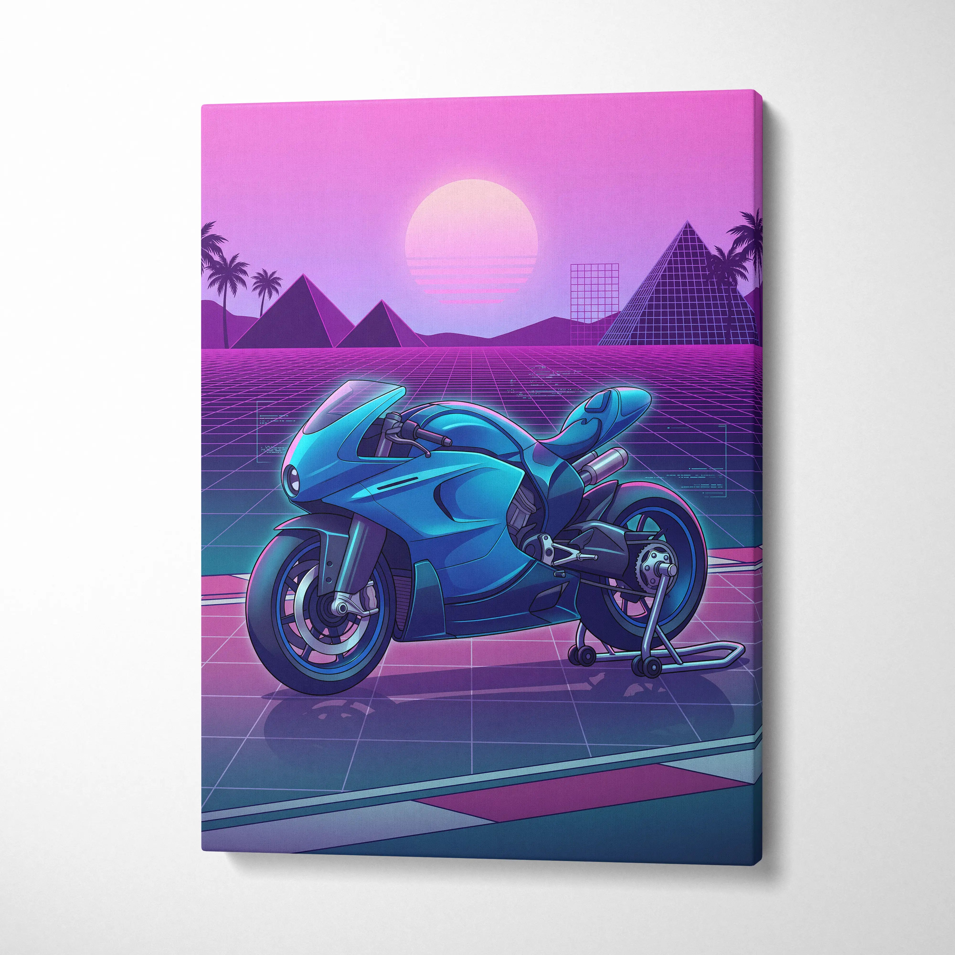 Ducati 916 Inspired Blue Pink Motorcycle Canvas Wall Art Vaporwave Neon Grid Sportbike Artwork for Garage Decor Retro Futuristic Print