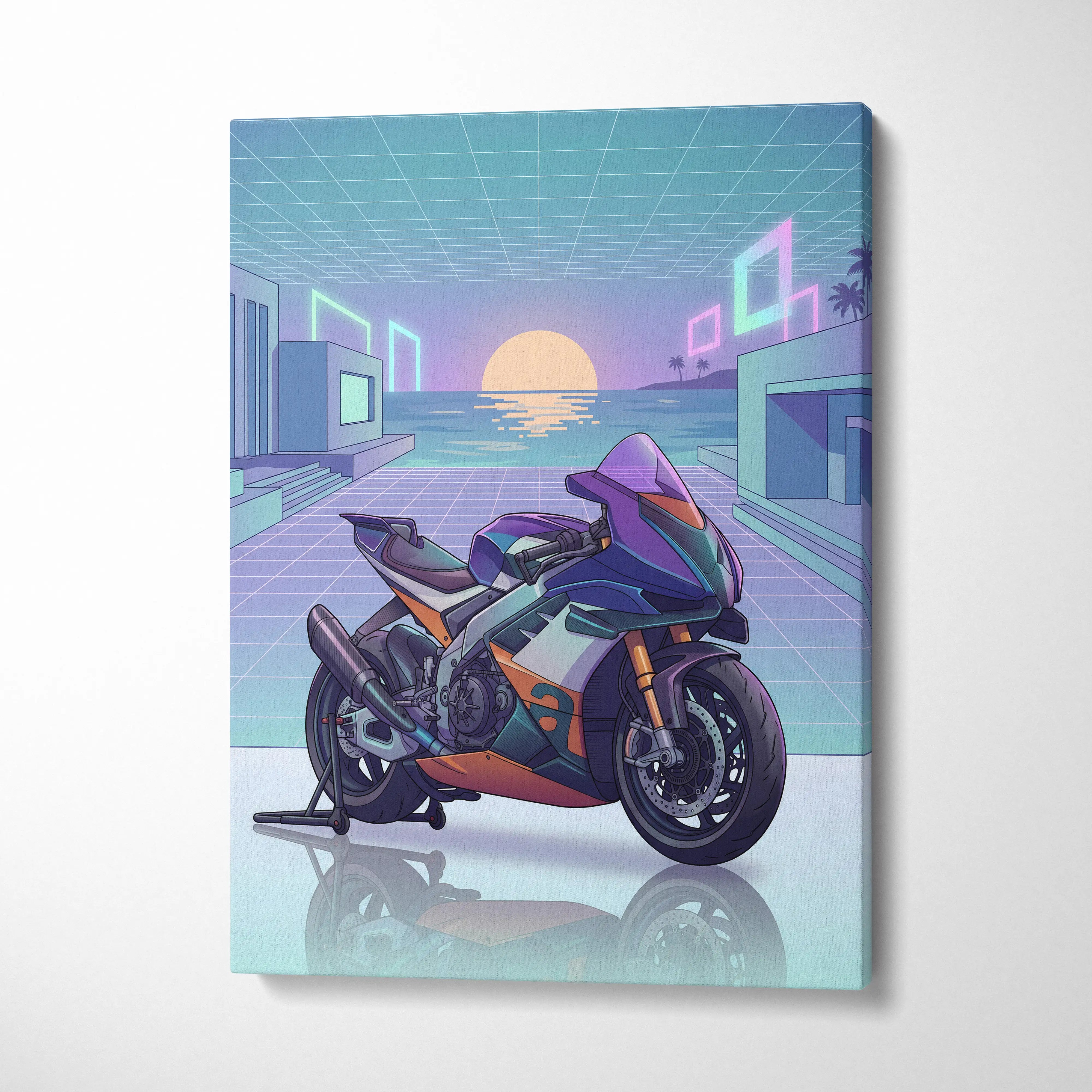 Aprilia RSV4 Xtrenta Inspired Teal Orange Motorcycle Canvas Wall Art Vaporwave Sunset Sportbike Garage Decor Retro Futuristic Racing Artwork