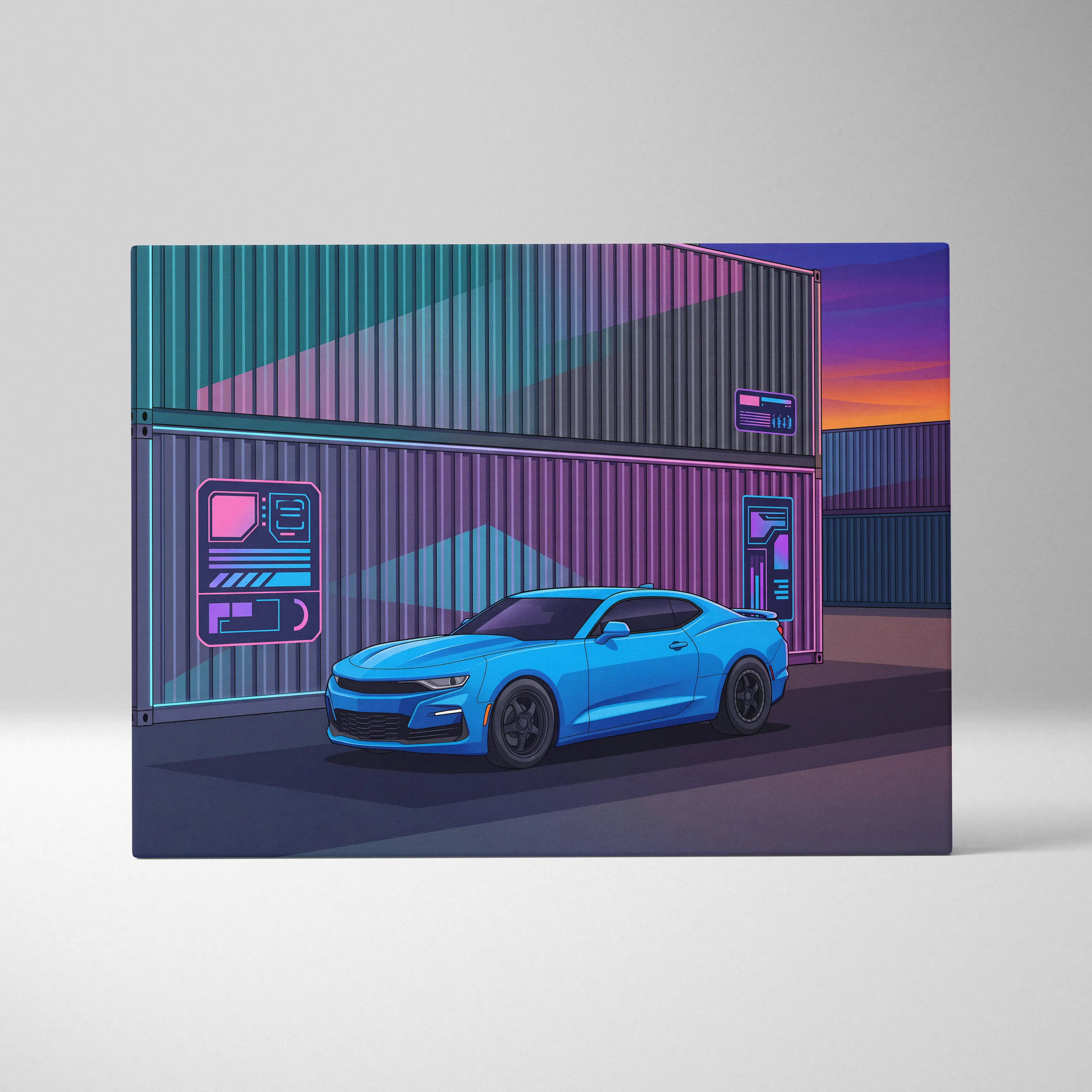 Chevrolet Camaro Inspired Vaporwave Car Canvas - Car Artwork Neon Pink Purple Teal Vaporwave Mood Neon Nostalgia Decor Style Gallery Canvas