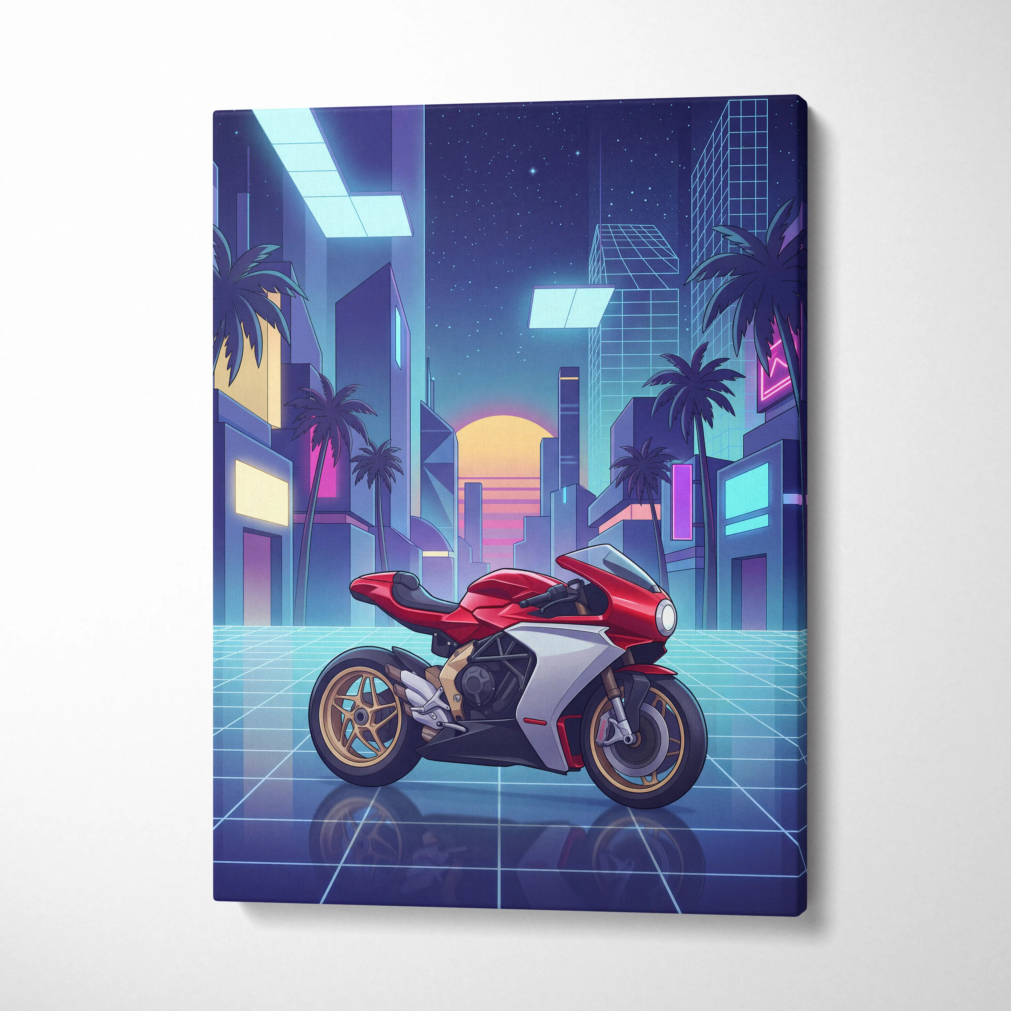MV Agusta Superveloce Inspired Red White Vaporwave Motorcycle Canvas Wall Art Neon City Sportbike Artwork Retro Futuristic Garage Decor