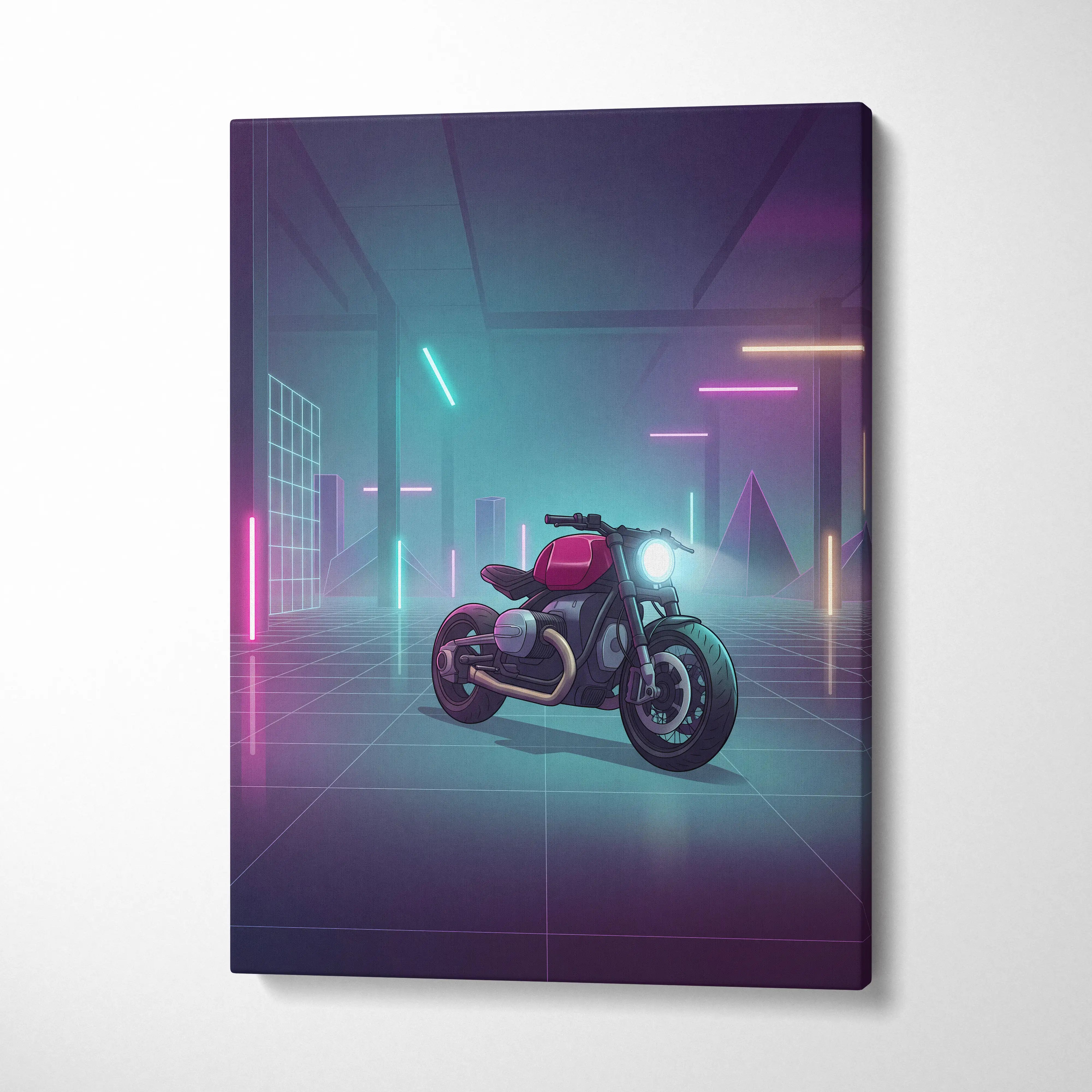 Custom BMW R9T Inspired Red Teal Motorcycle Canvas Wall Art Vaporwave Neon Garage Cruiser Artwork for Man Cave Decor Retro Futuristic Print