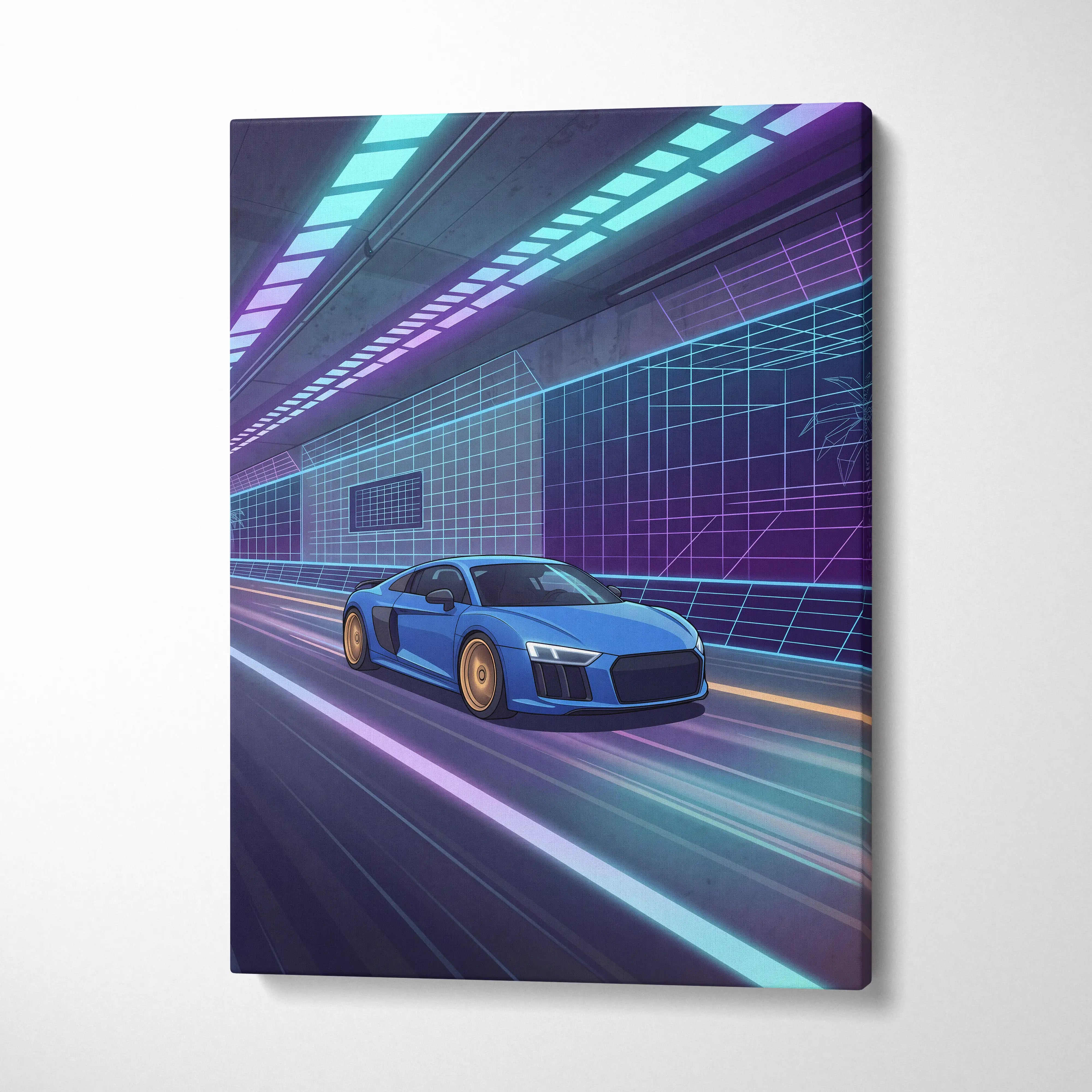 Audi R8 Inspired Vaporwave Car Canvas Print - Vaporwave Car Art Neon Blue Purple Living Room Retro Nostalgic Energy Neo Eighties Canvas Wall Art Giclee Canvas Print