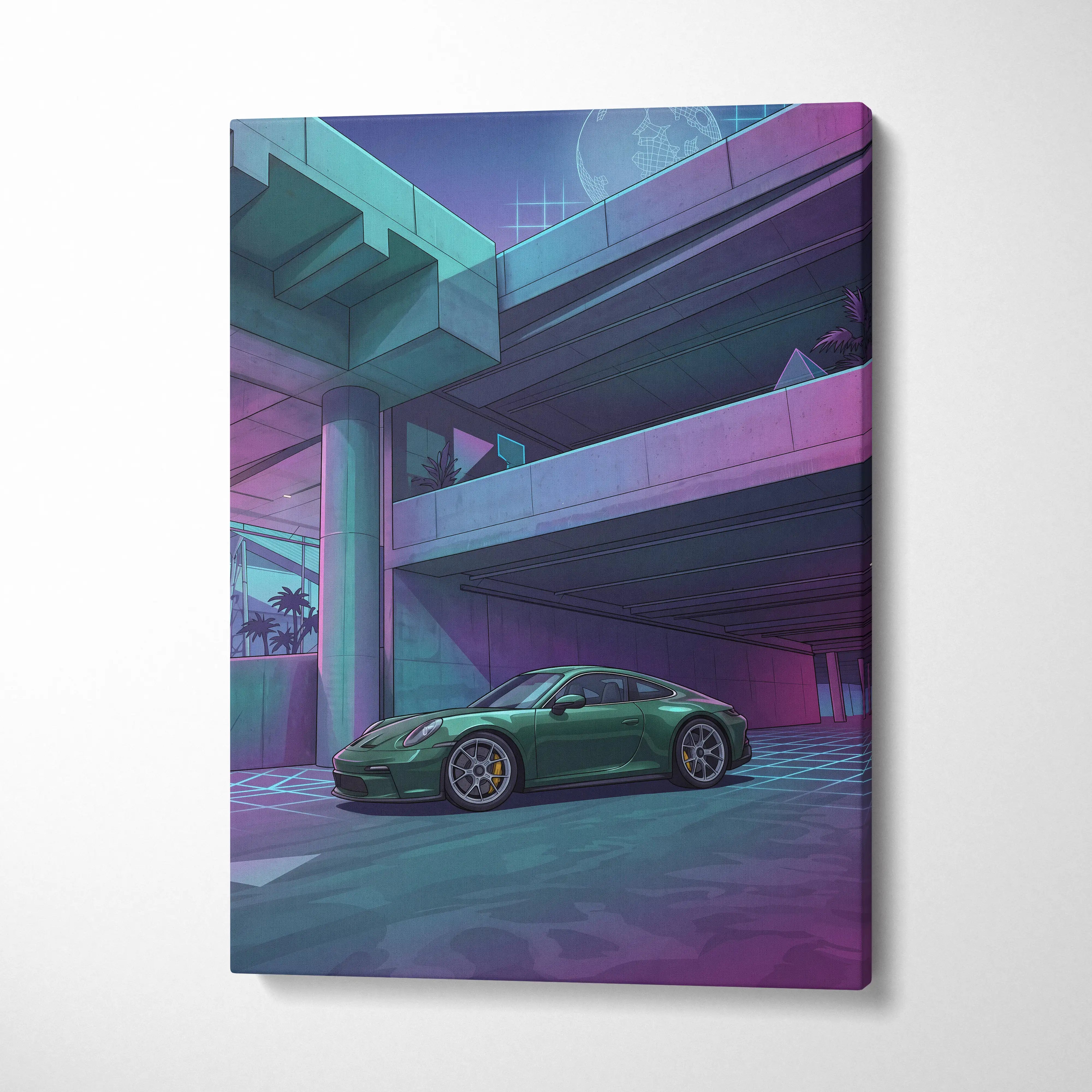 Porsche 911 GT3 Inspired Vaporwave Car Canvas - Car Neon Blues Purple Teal Living Room Vaporwave Futurism Mood Nostalgic Vaporwave Canvas
