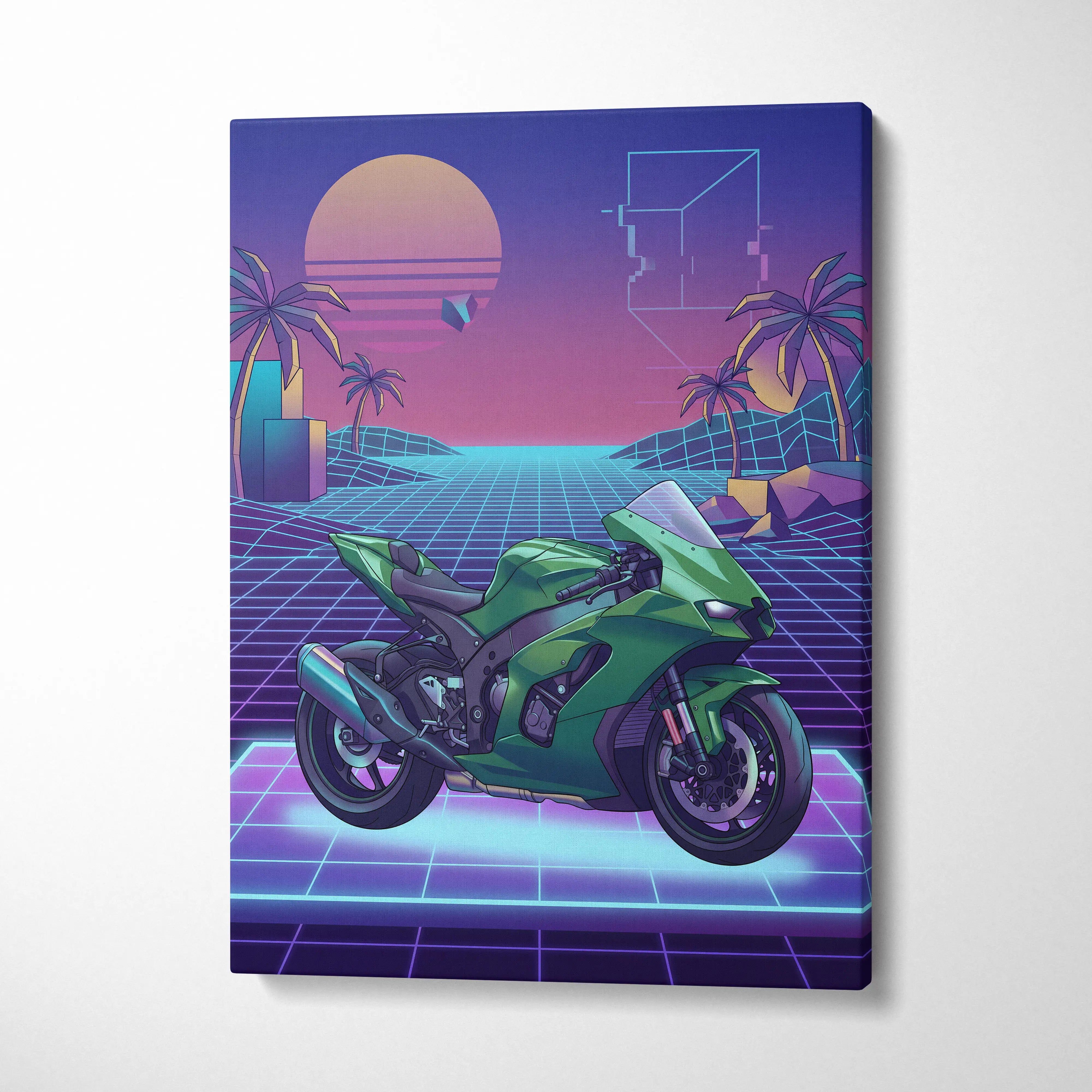Kawasaki Ninja ZX-10R Inspired Green Purple Vaporwave Motorcycle Canvas Wall Art Neon Grid Sportbike Artwork Retro Futuristic Garage Decor