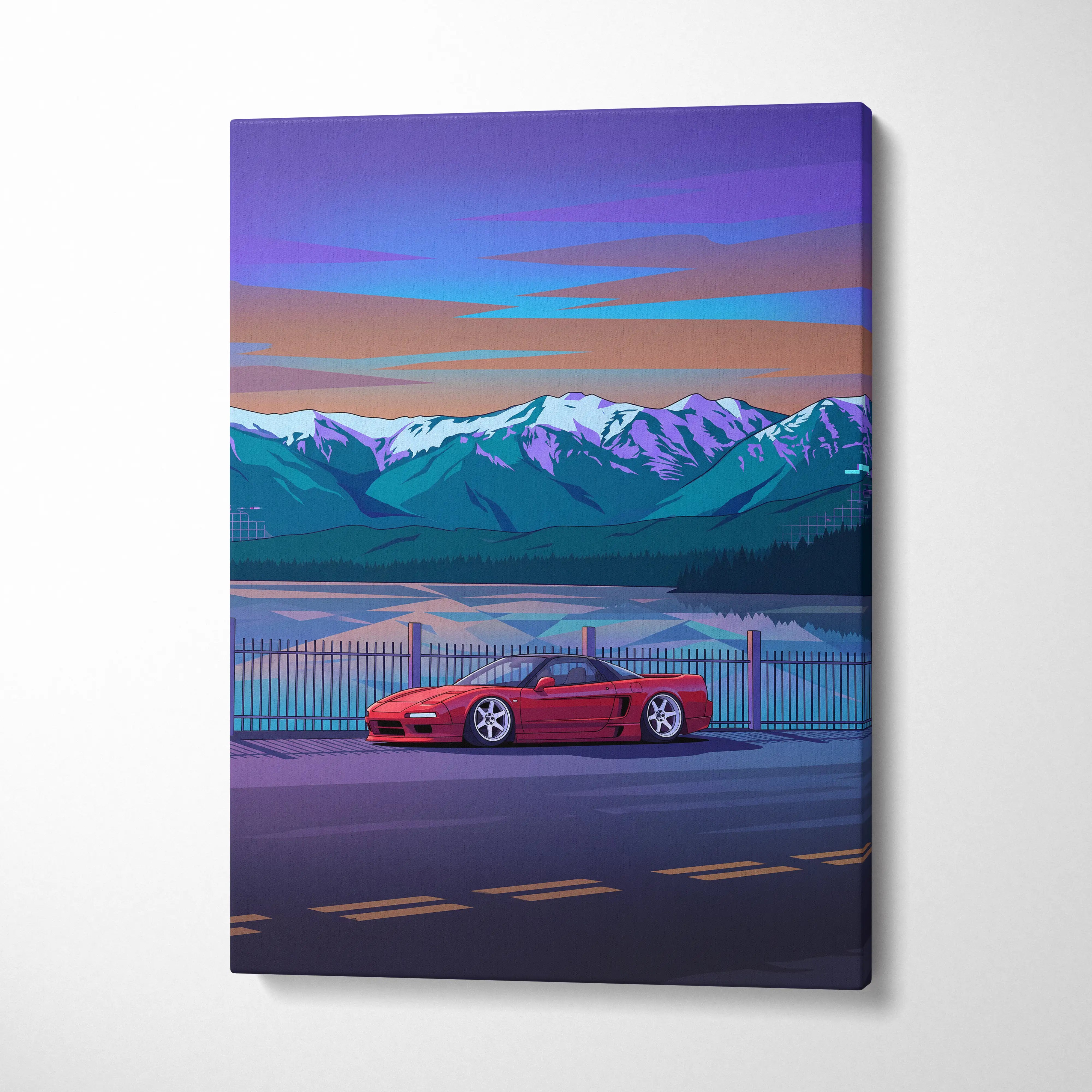 Honda NSX Inspired Red Blue Mountain Canvas Wall Art Vaporwave JDM Supercar Artwork, Scenic Lake Road Garage Decor Retro Futuristic Print