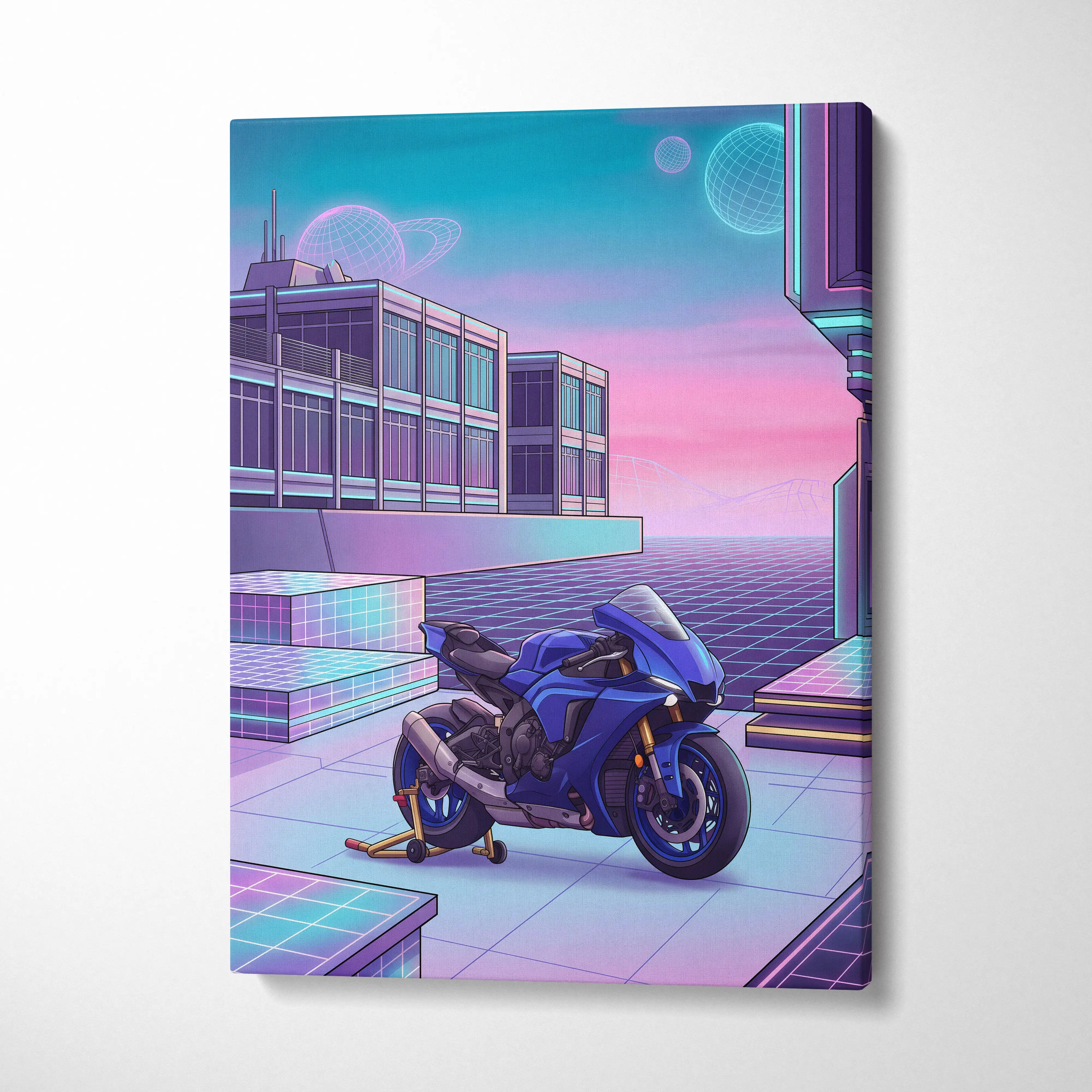 Yamaha YZF-R1 Inspired Blue Purple Vaporwave Motorcycle Canvas Wall Art Neon Cyber City Sportbike Artwork Futuristic Garage Decor