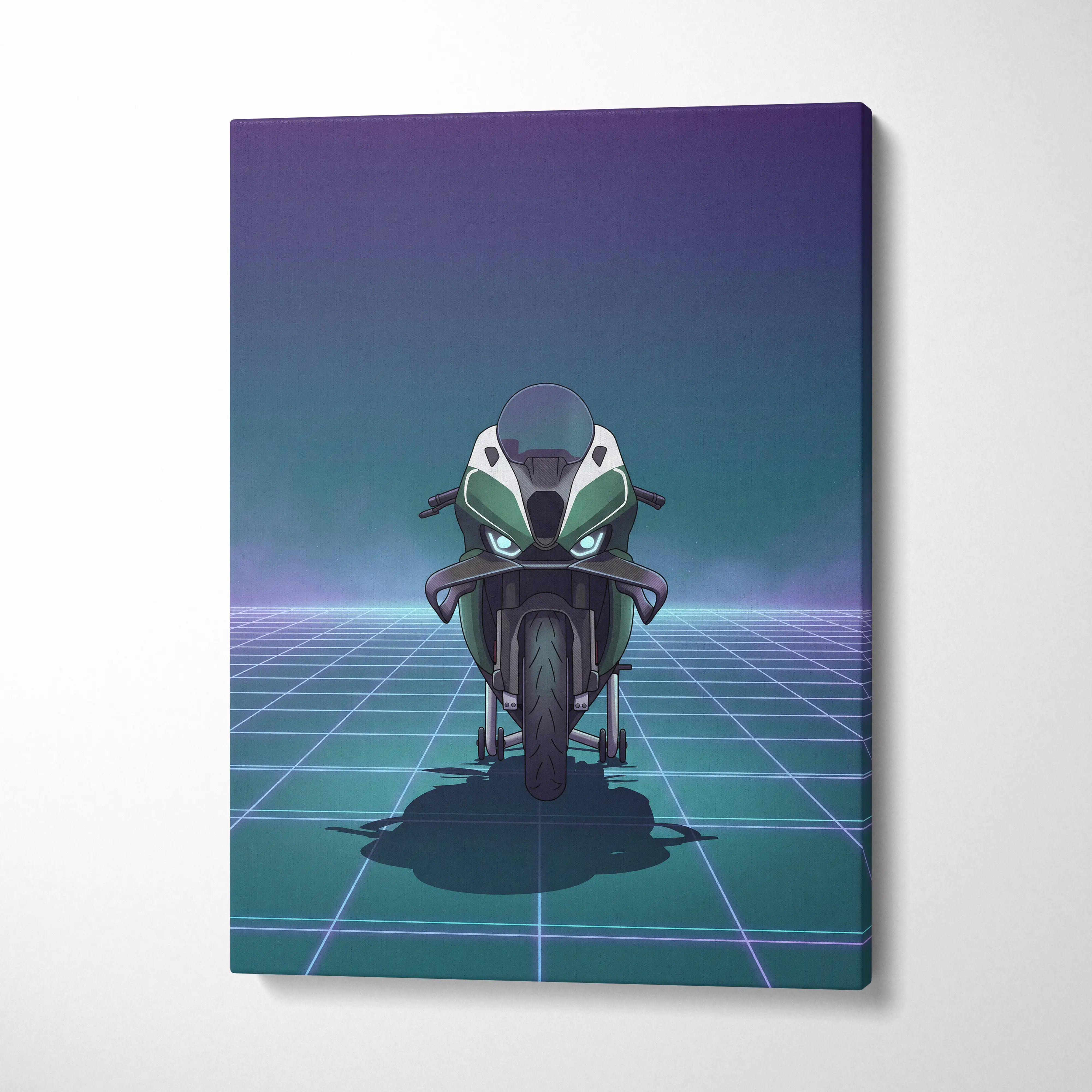 BMW M1000RR Inspired Green Teal Vaporwave Motorcycle Canvas Wall Art Neon Grid Sportbike Artwork Futuristic Garage Decor