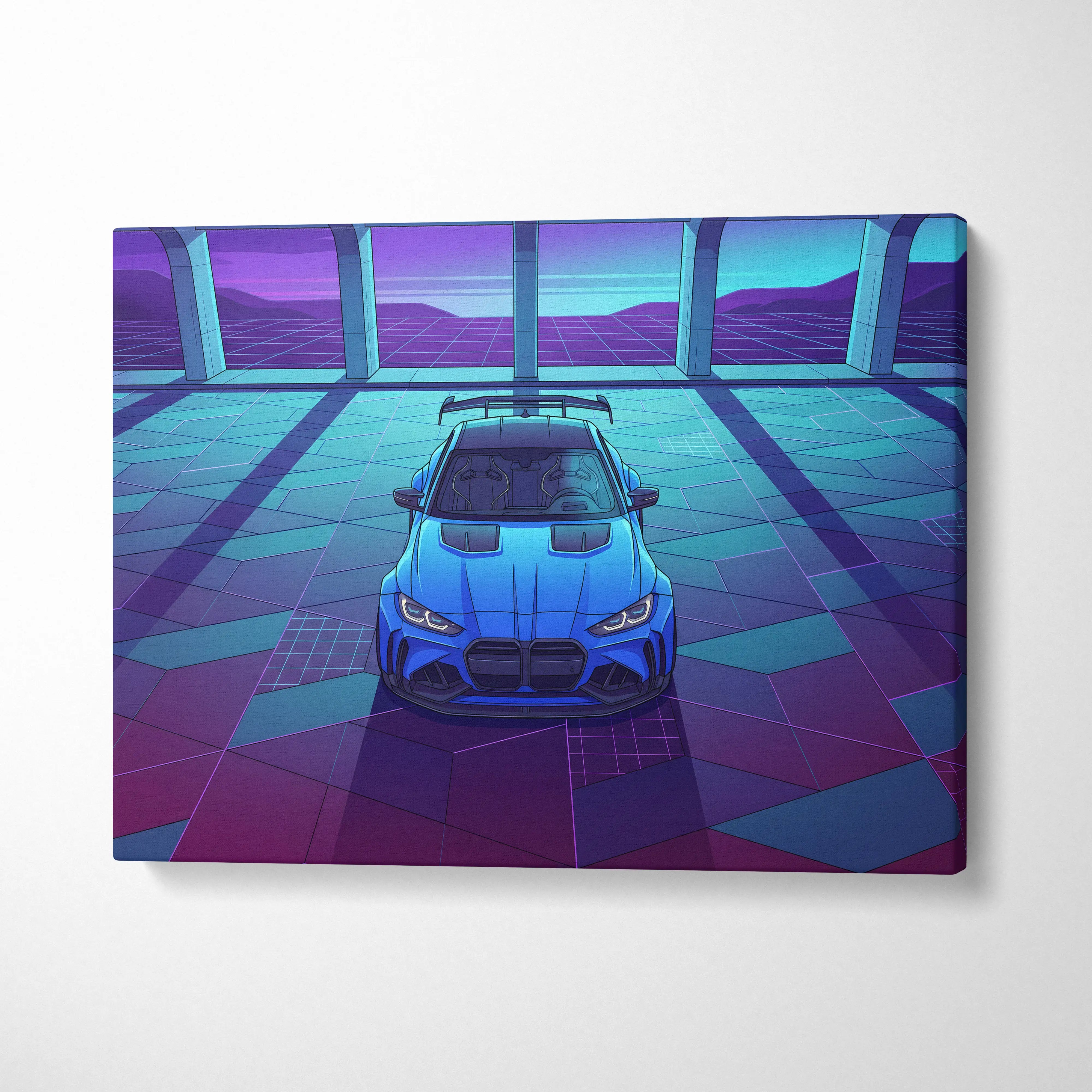 BMW M4 Inspired Blue Purple Canvas Wall Art Vaporwave Sports Car Artwork Neon Garage Decor Retro Futuristic City Print
