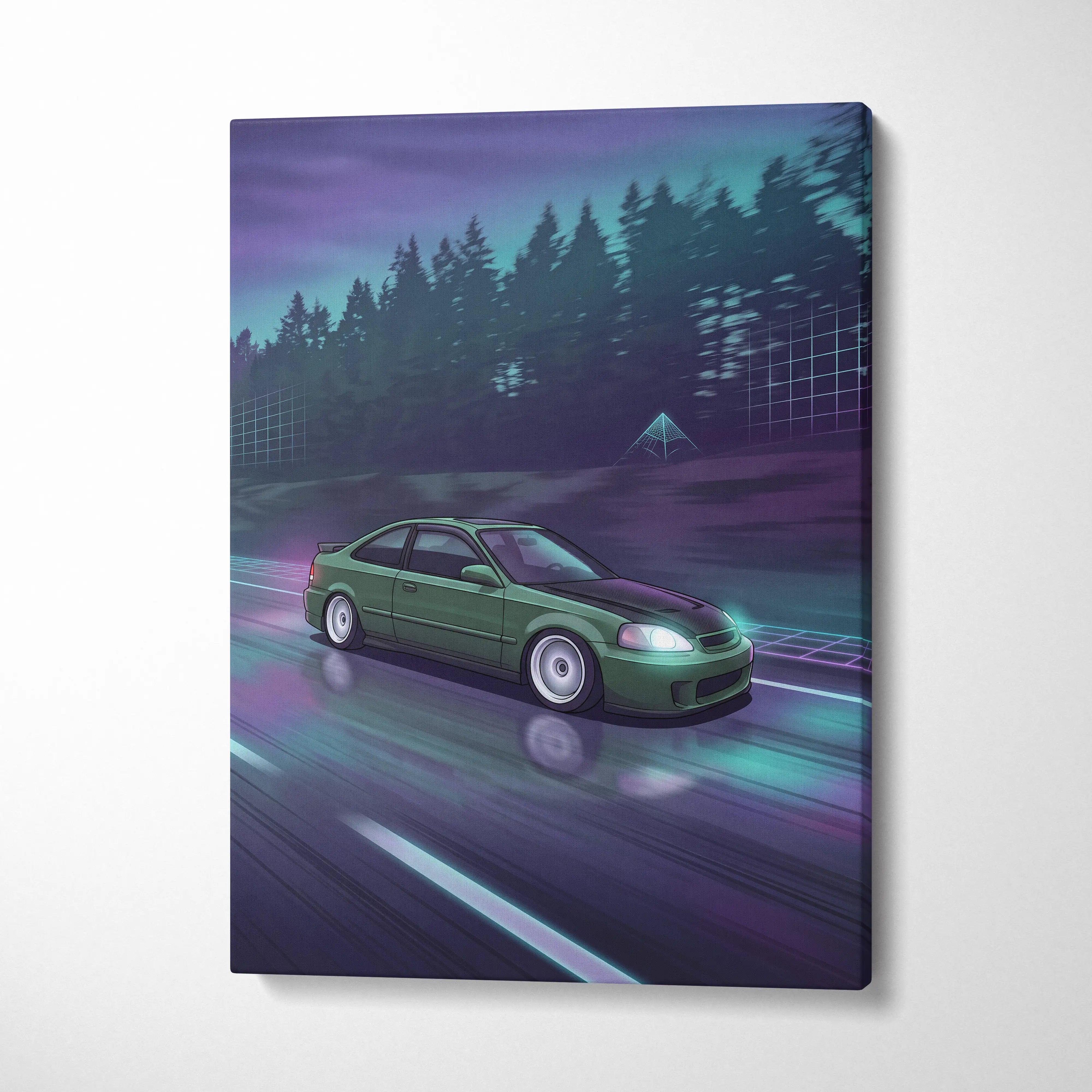 Honda Civic Inspired Vaporwave Car Canvas - Car Neon Purple Teal Living Room Vaporwave Nostalgic Mood Synthwave Wall Art Canvas Print