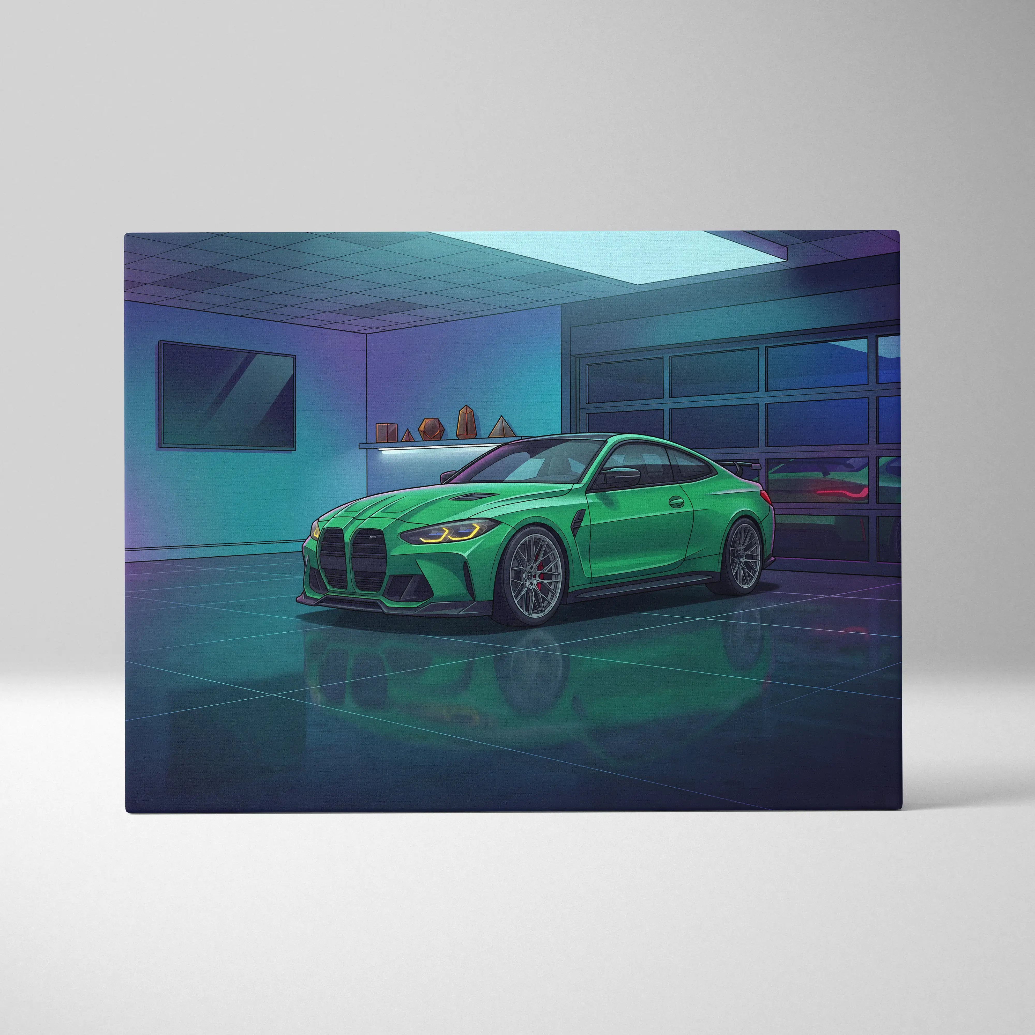 BMW M4 Inspired Vaporwave Car Canvas - Vaporwave Car Neon Green Blue Purple Bedroom Retro Futurism Nostalgic Vaporwave Wall Art